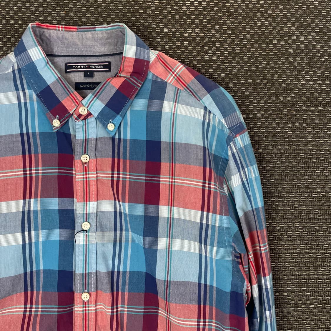 타미힐피거 뉴욕핏 레드 블루 체크 패턴 긴팔 셔츠 L 상품이미지3