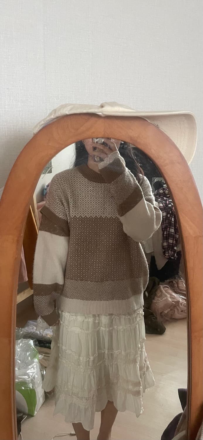 모리걸 빈티지 엑시즈팜 배색 레이스 니트🤍🤎 상품이미지5