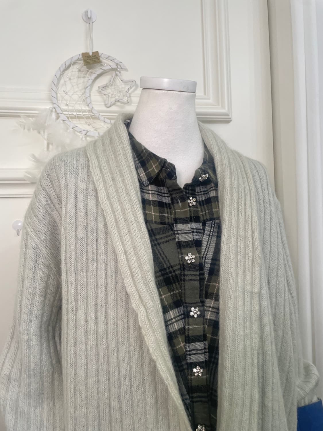 sheer green open rib cardigan&khaki chec 상품이미지6