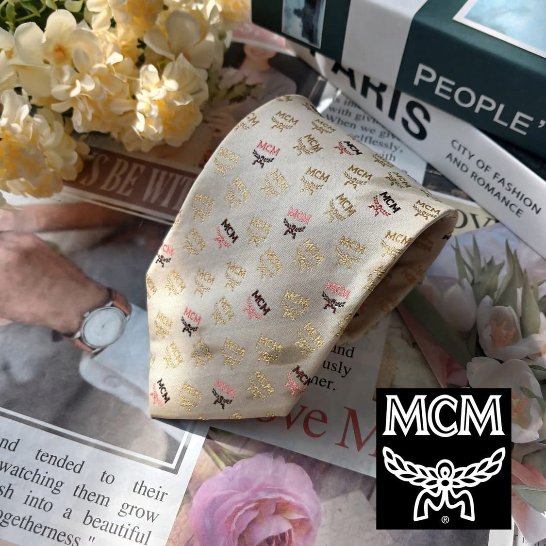 MCM 엠씨엠 실크 옐로우 로고 패턴 넥타이 9cm B등급 E874 상품이미지2