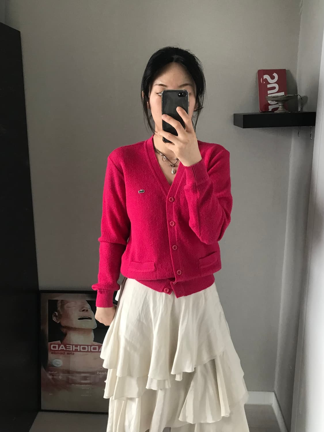 라코스테 로고 핑크 니트 가디건 상품이미지2