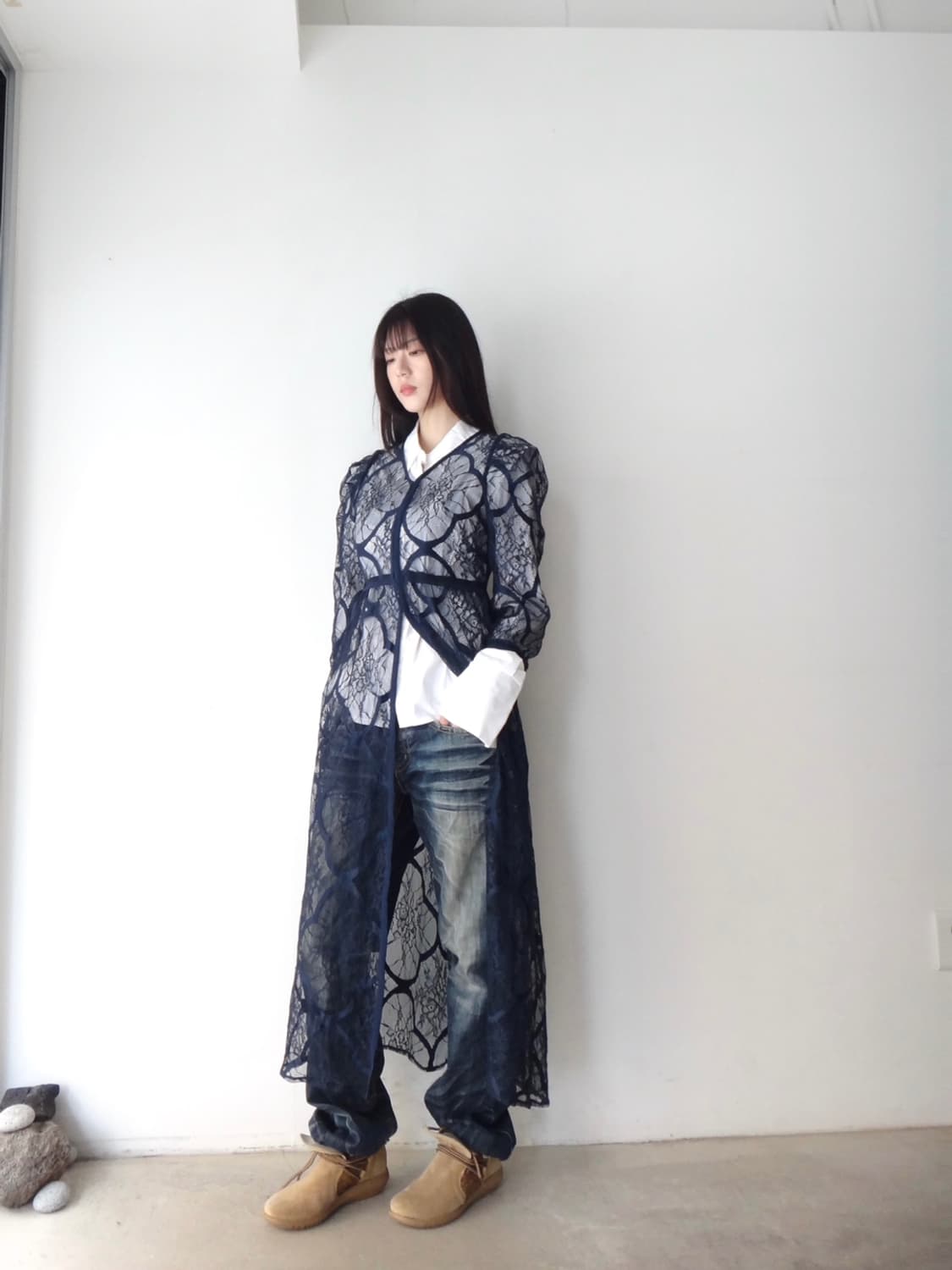 Lace layered long robe & top / navy 상품이미지5