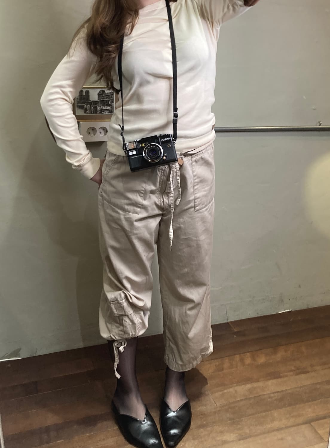 크림 베이지 카고 스트링 카프리 팬츠 상품이미지2