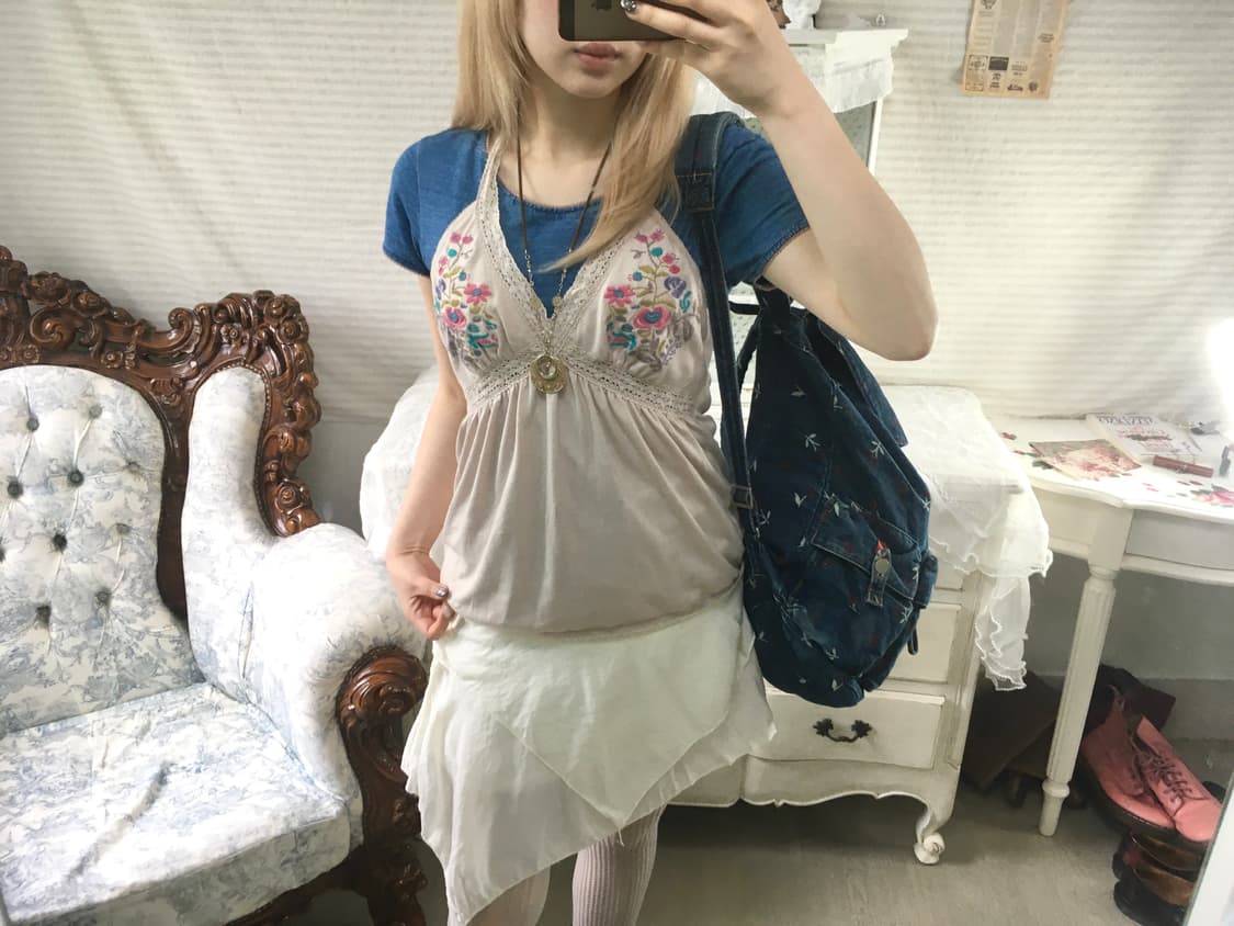 Set)블루 퍼프 반팔 + 하구미 자수 잔꽃 홀터 나시 상품이미지3