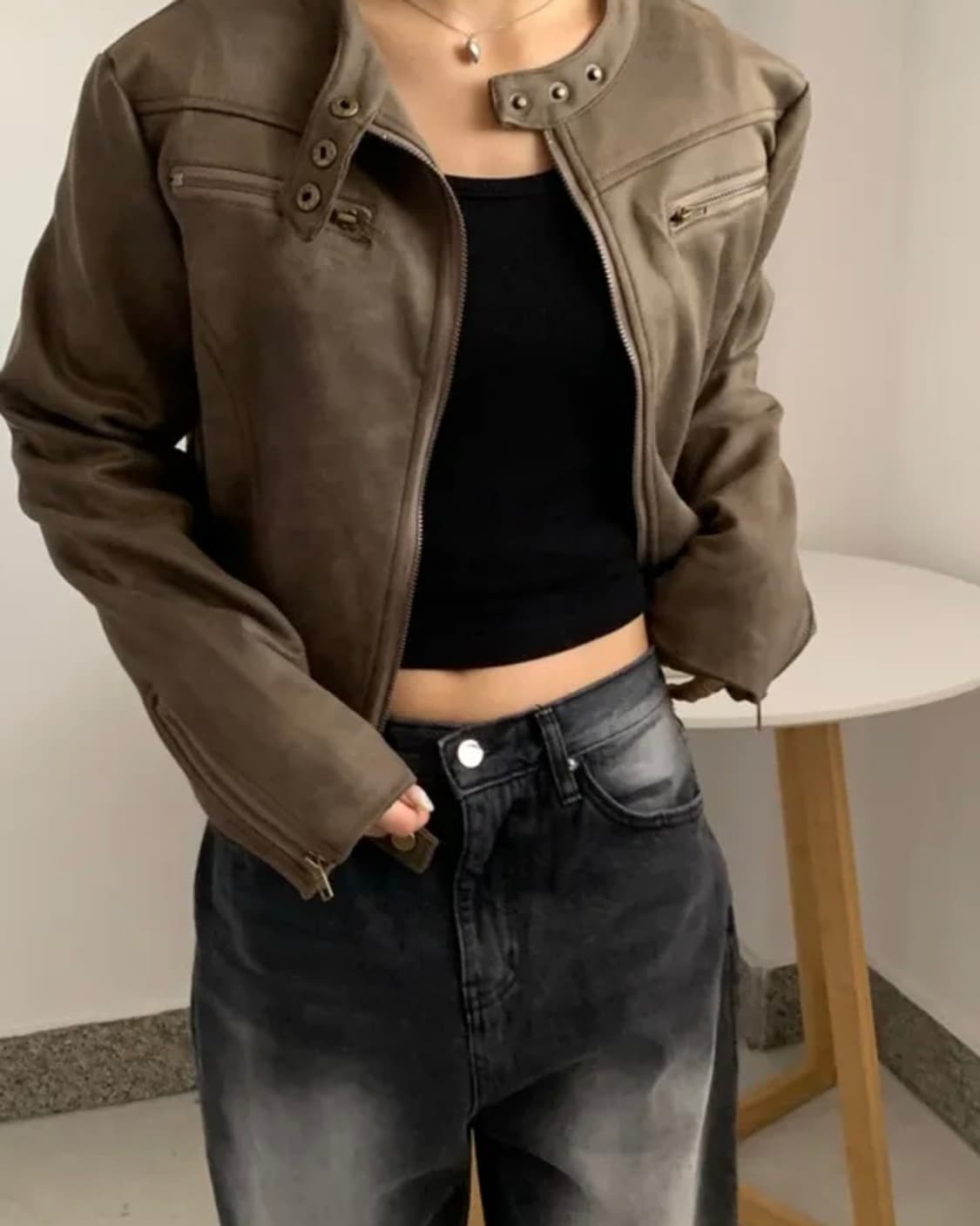 에이블리 노카라 레더자켓 브라운 상품이미지3