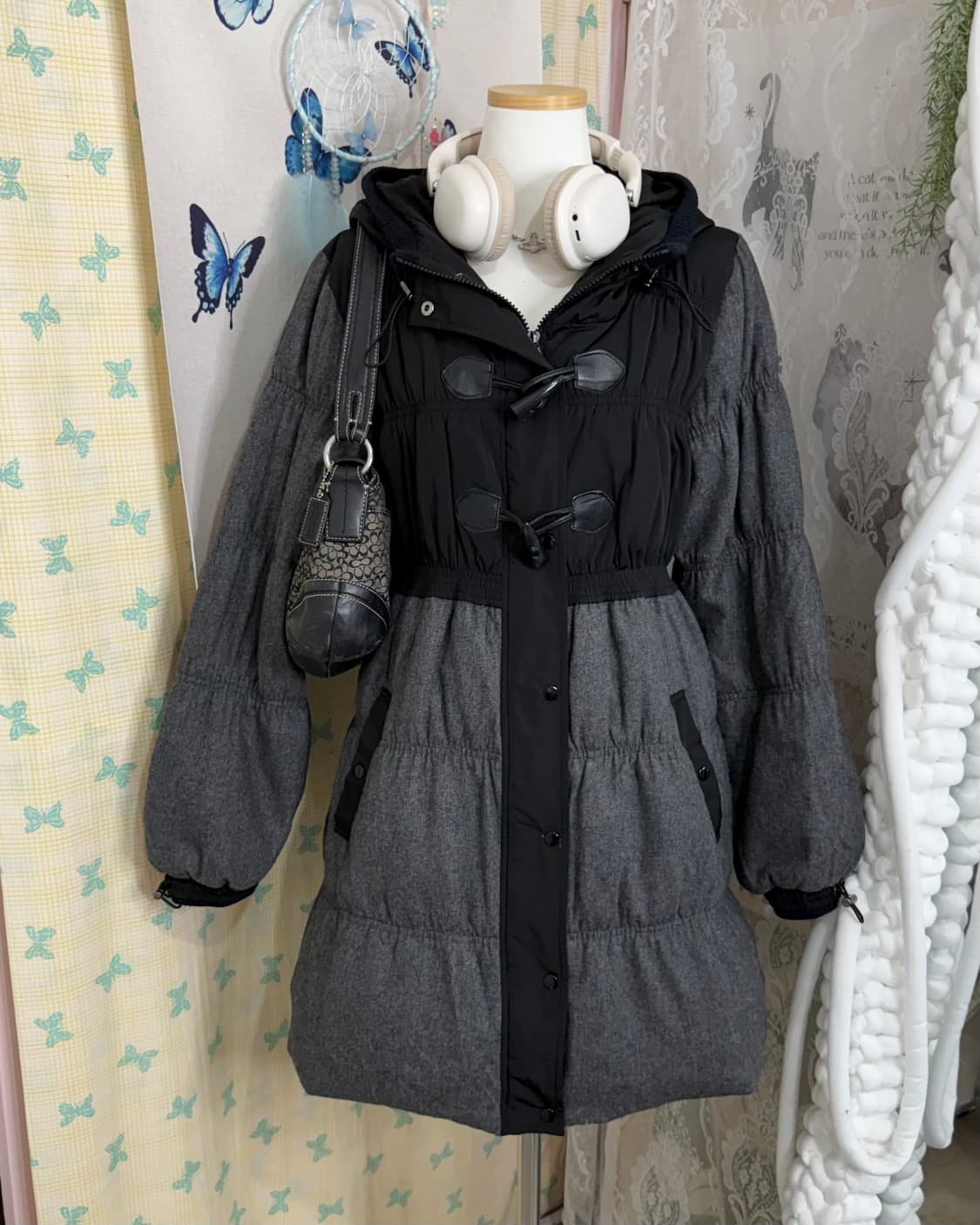 블랙 & 그레이 후드 더플 패딩 자켓 상품이미지2