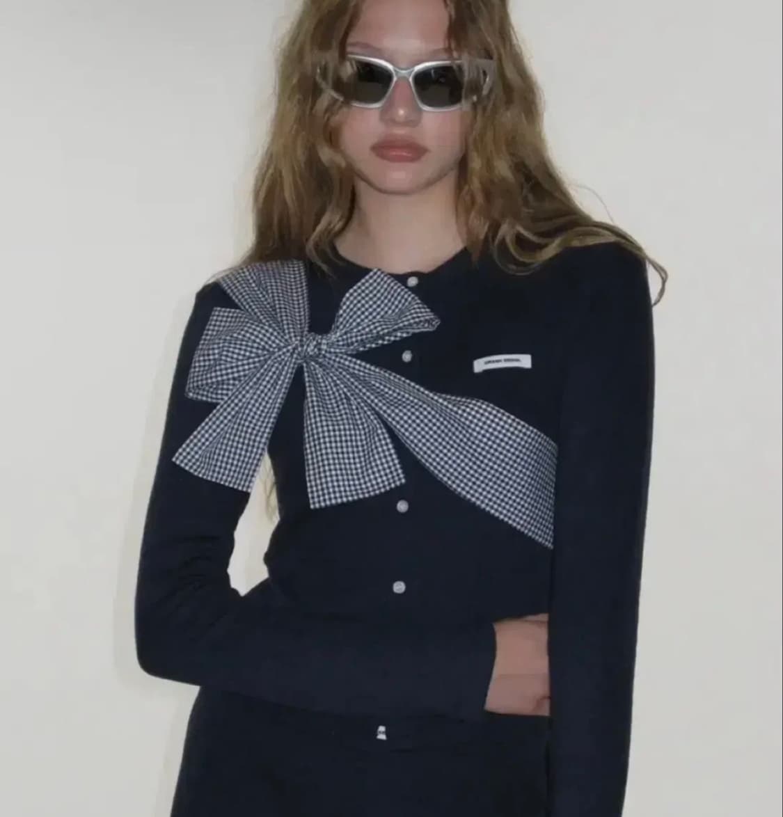 크랭크 리본 가디건 체크 네이비 상품이미지1