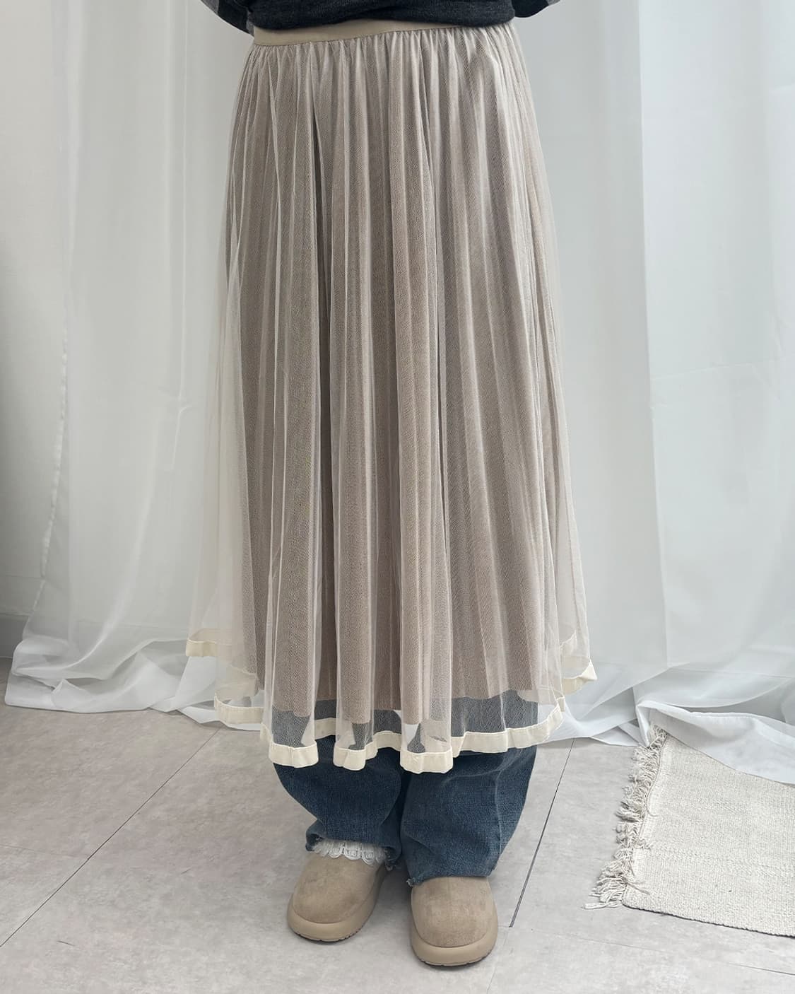 bei mesh velour pleated long skirt 상품이미지1
