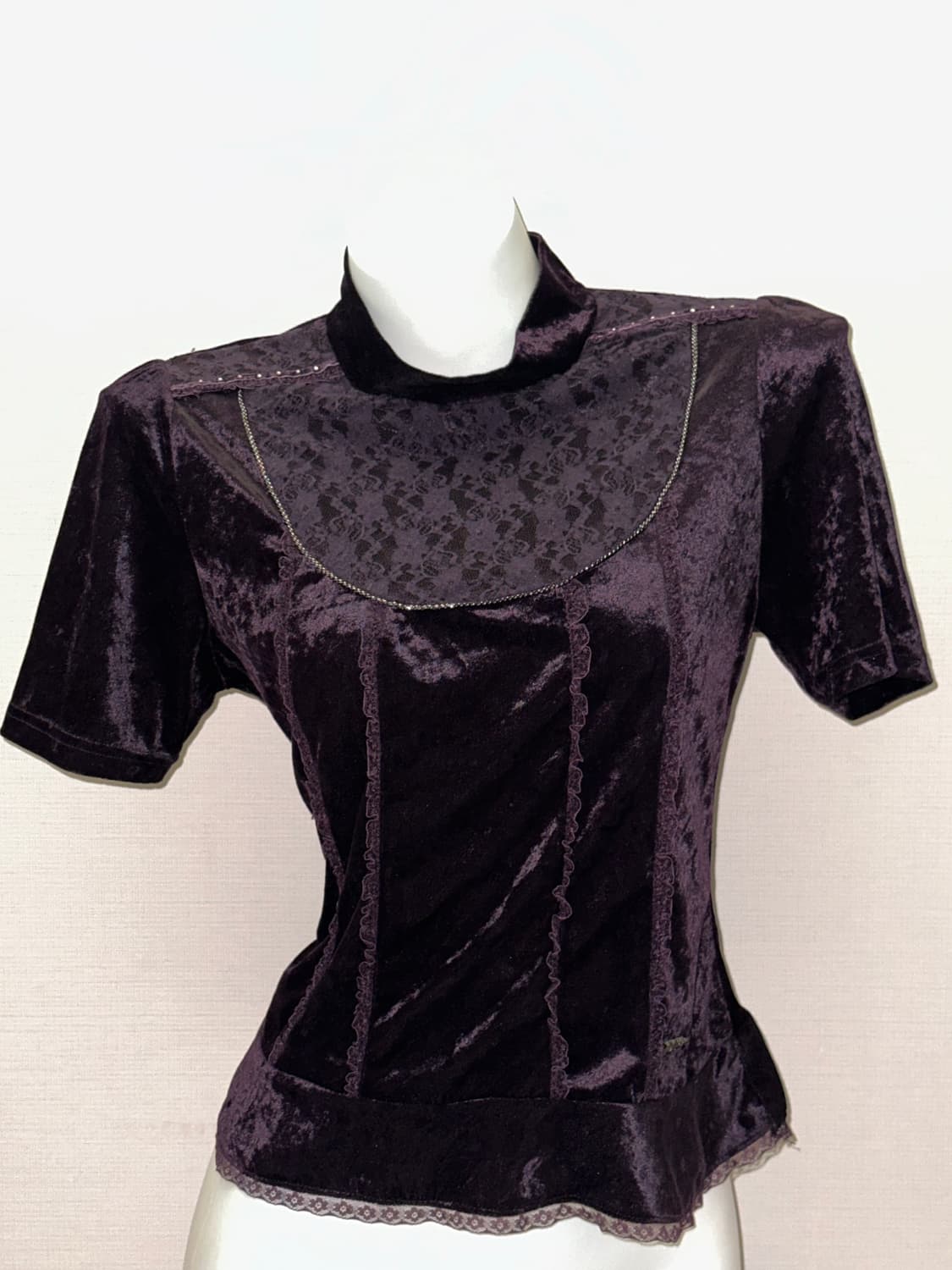 딥퍼플 빈티지 벨벳 반폴라 반소매 블라우스 상품이미지3