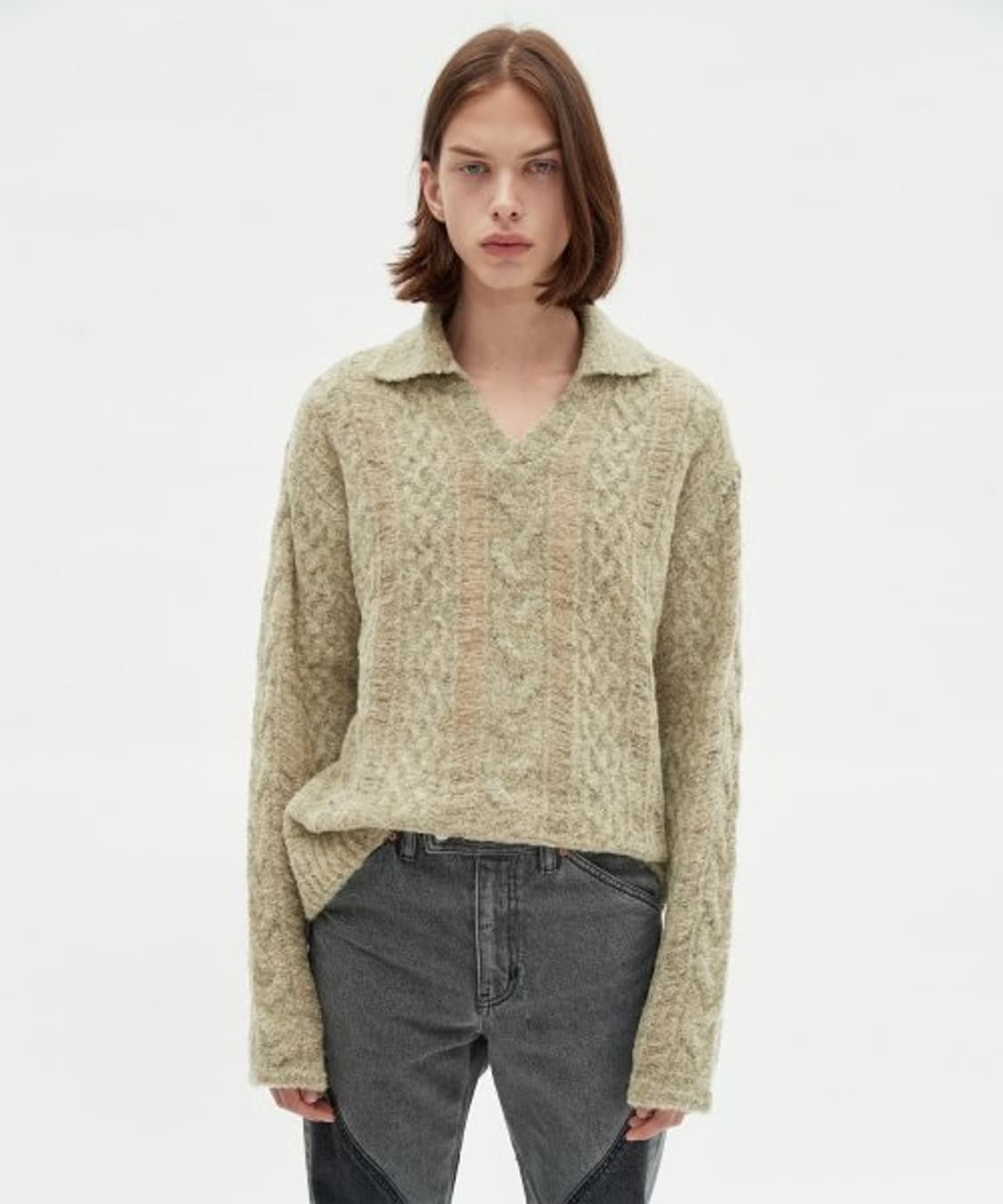 앤더슨벨 콜린 데미지 케이블 칼라 니트 라임 베이지 상품이미지1