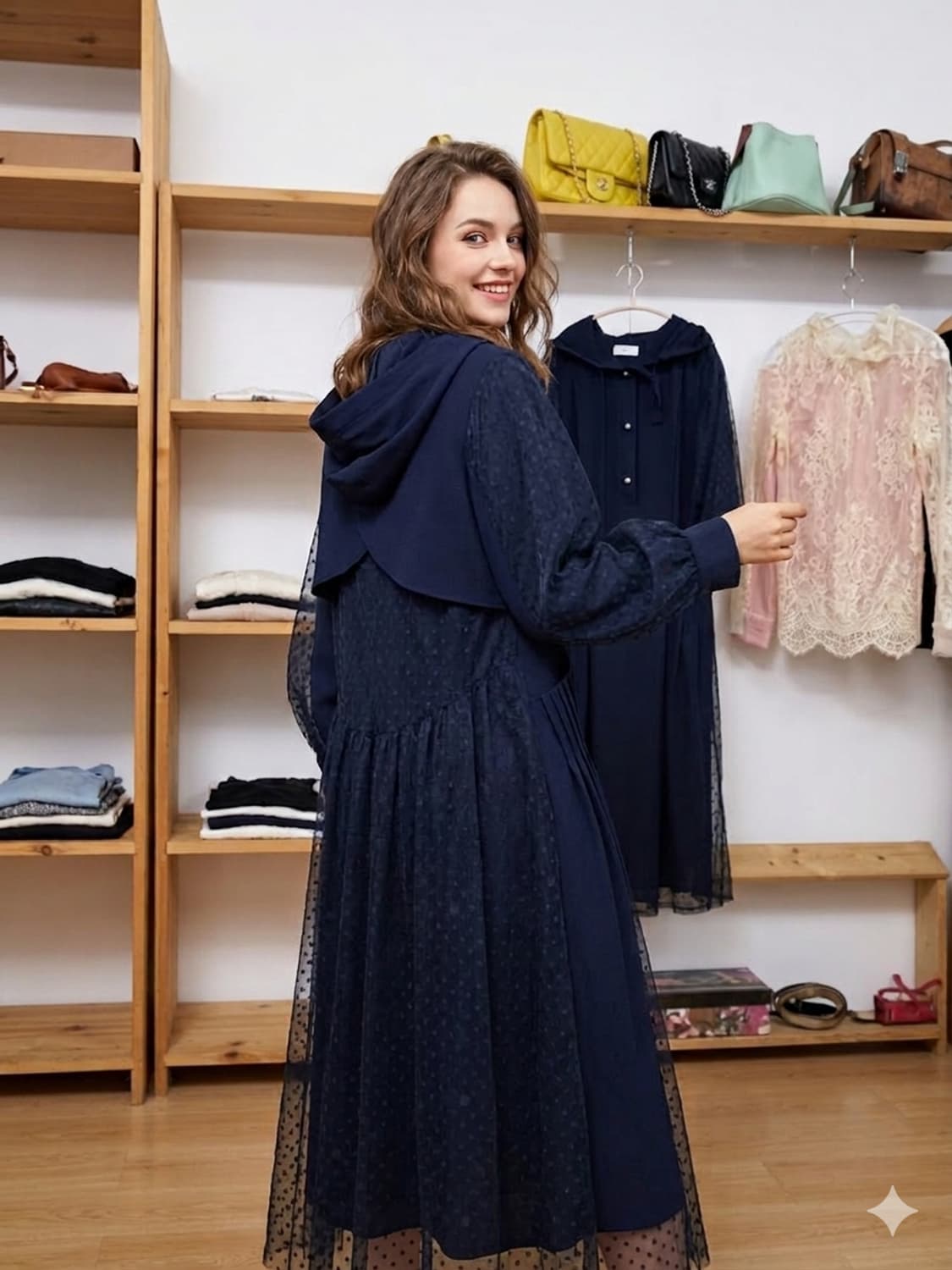 오즈세컨 도트망사 레이어드 후드쉬폰원피스 상품이미지1