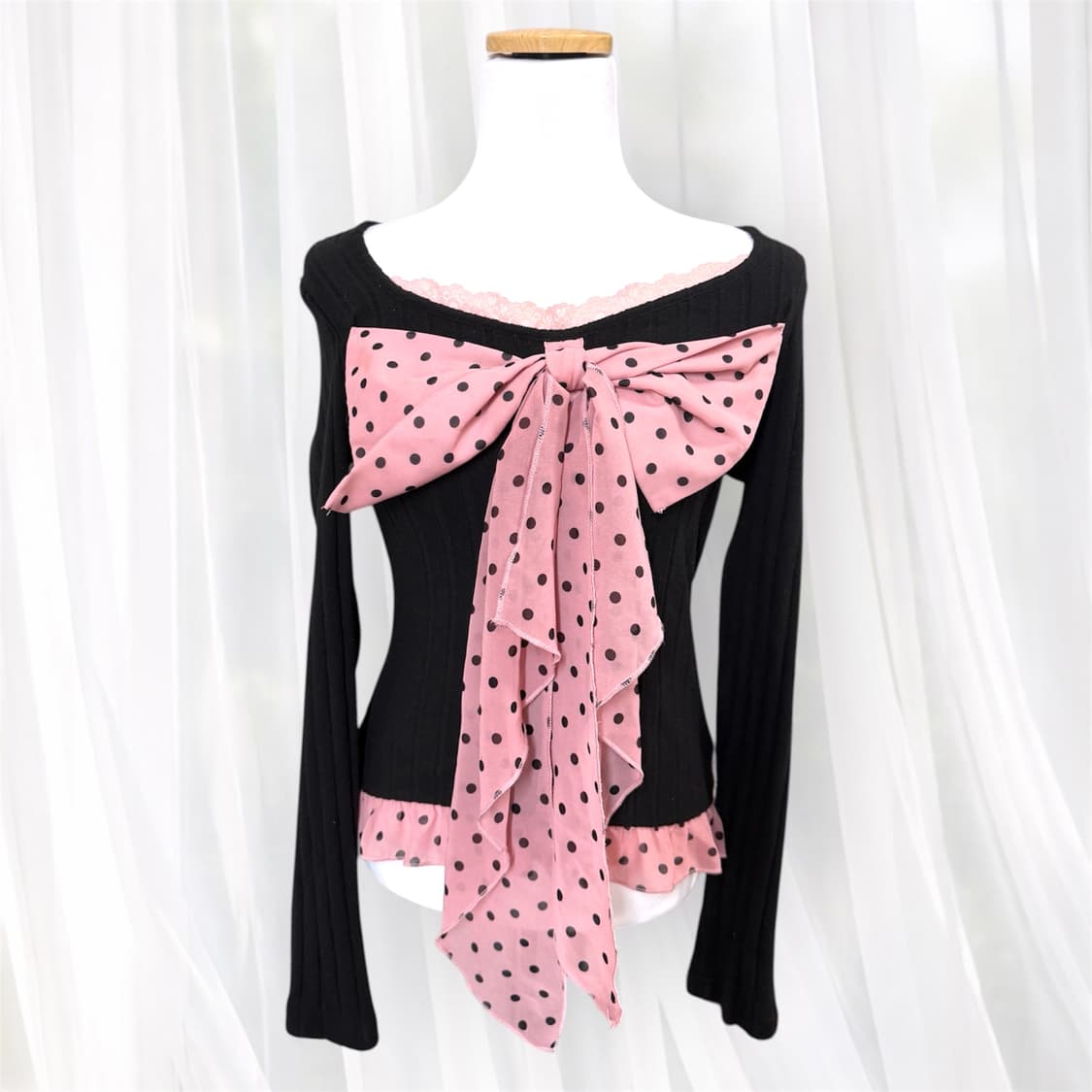 히메갸루 핑크도트빅리본 백큐빅 레이스 니트 상품이미지1