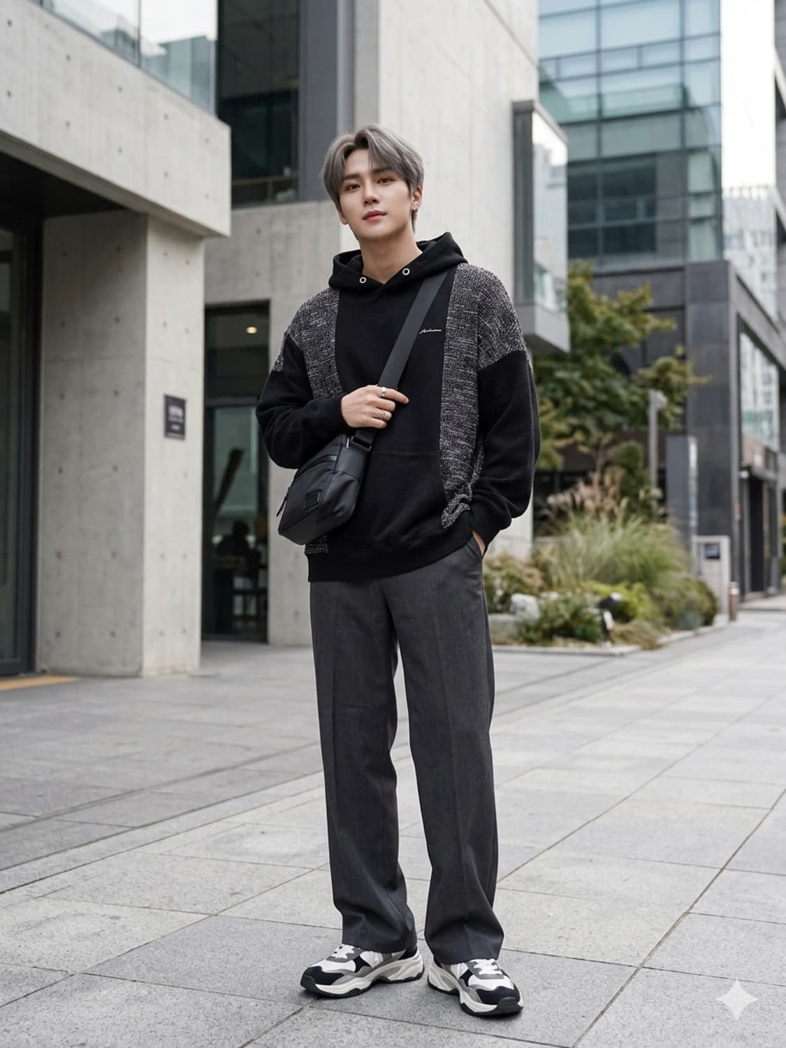 앤더슨벨 패브릭 배색 후드티 블랙 상품이미지1