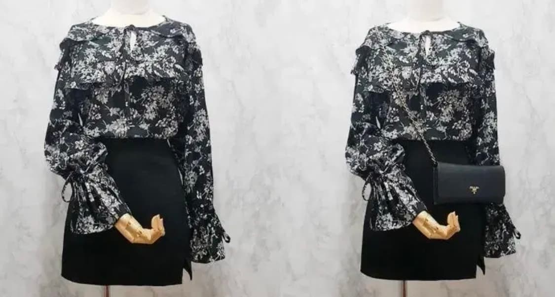 리본 셔링 플라워 꽃무늬 블라우스 블랙 검정 상품이미지6