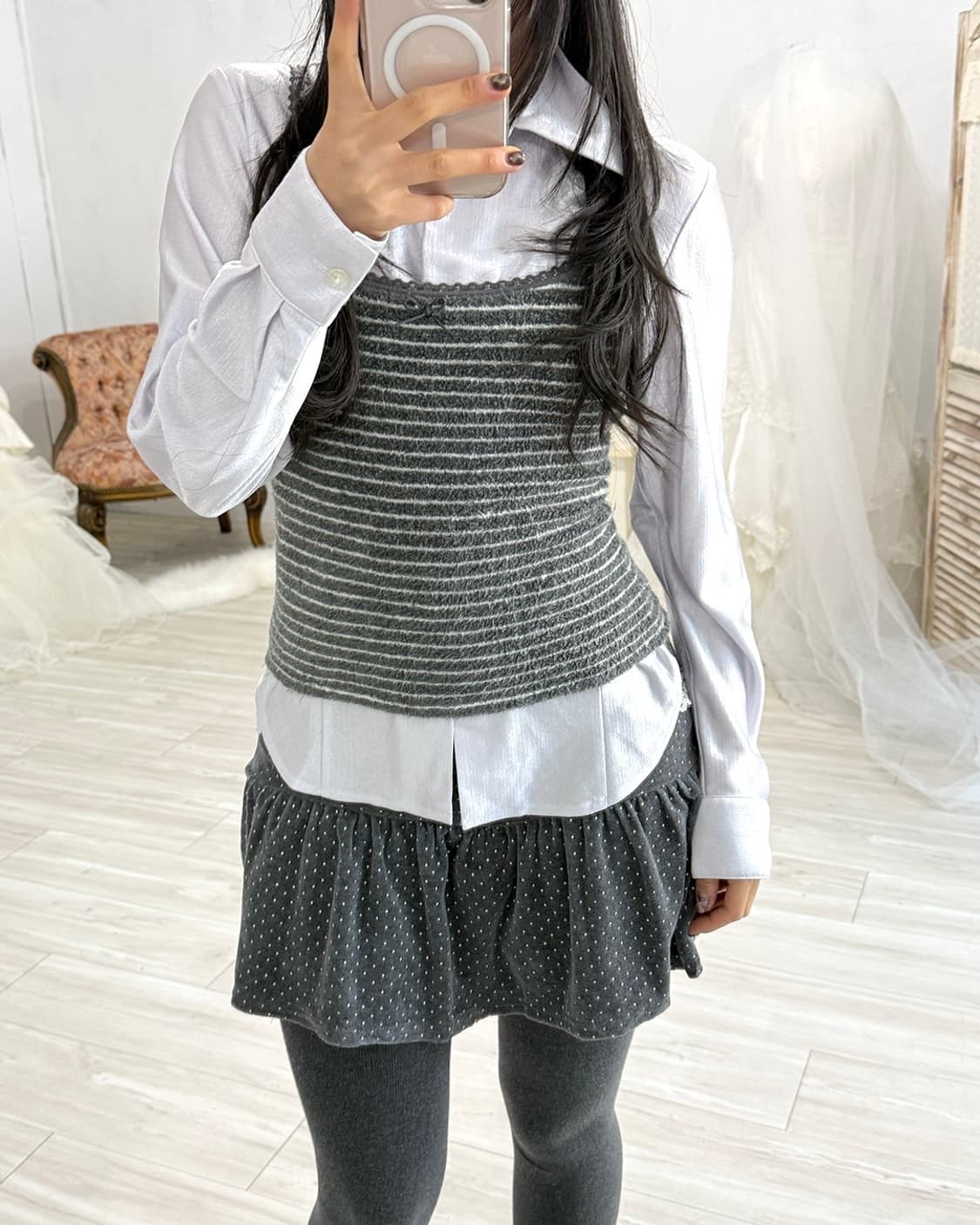Gray Dot Pleated Mini Skirt 상품이미지2