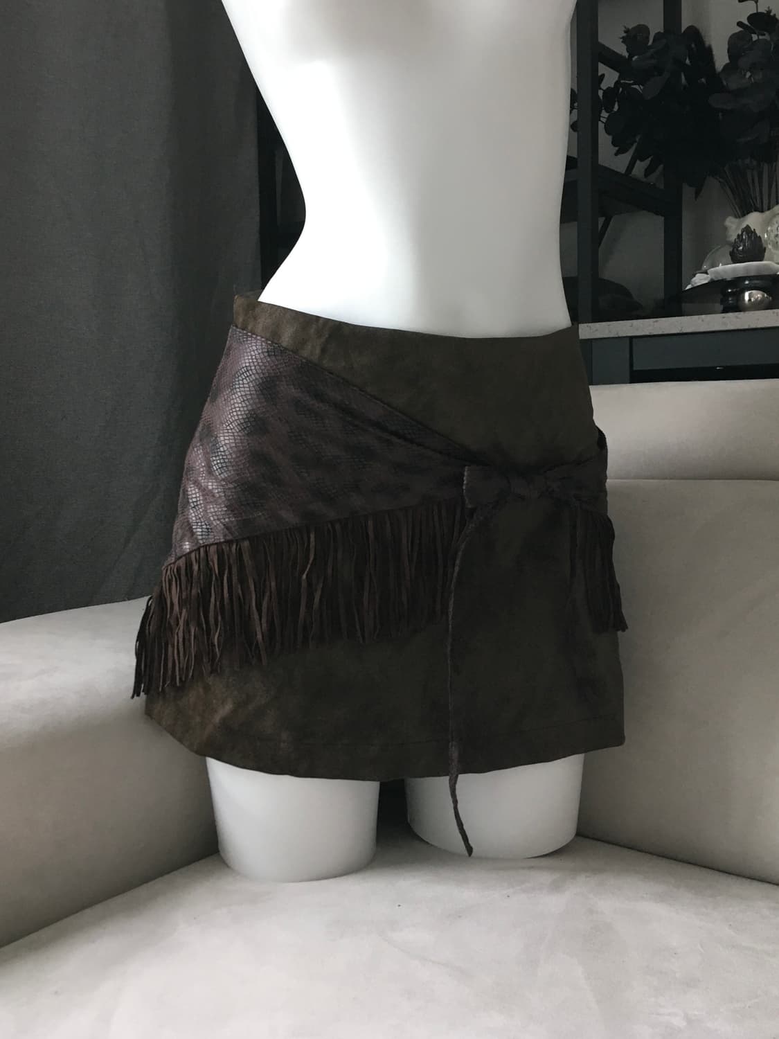 ༒ FRINGE WRAP LEATHER SKIRT #BROWN  상품이미지1