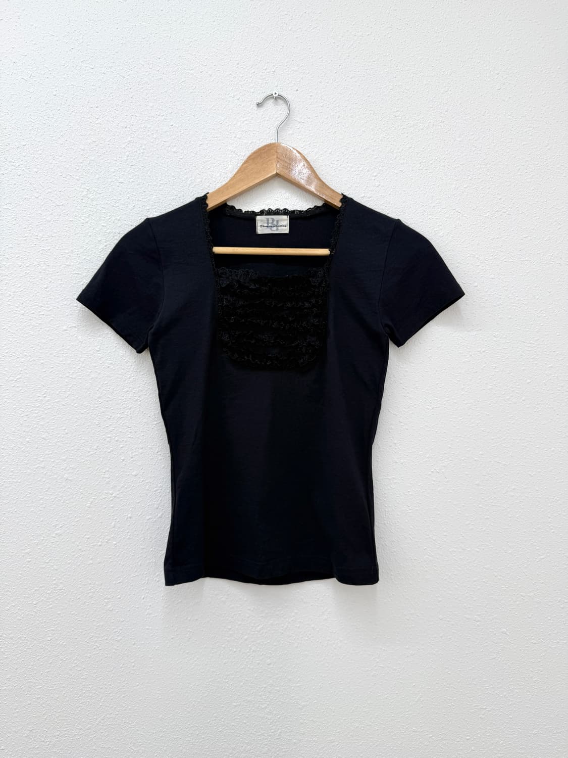 빈티지 블랙 프릴 레이스 반팔 티셔츠 상품이미지1