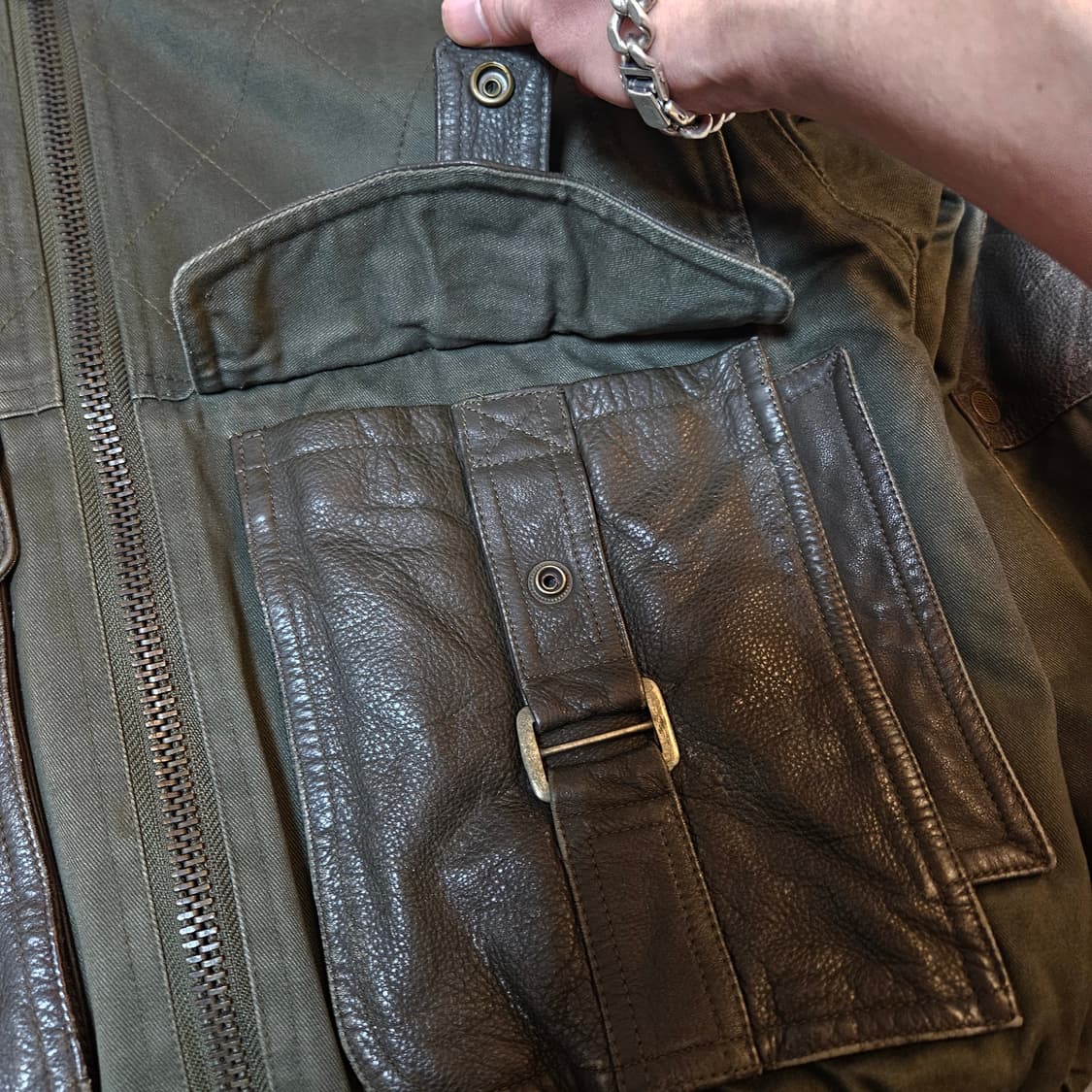 CHEETAN 90's Vintage 벨트 포켓 가죽 블럭 자켓 상품이미지6