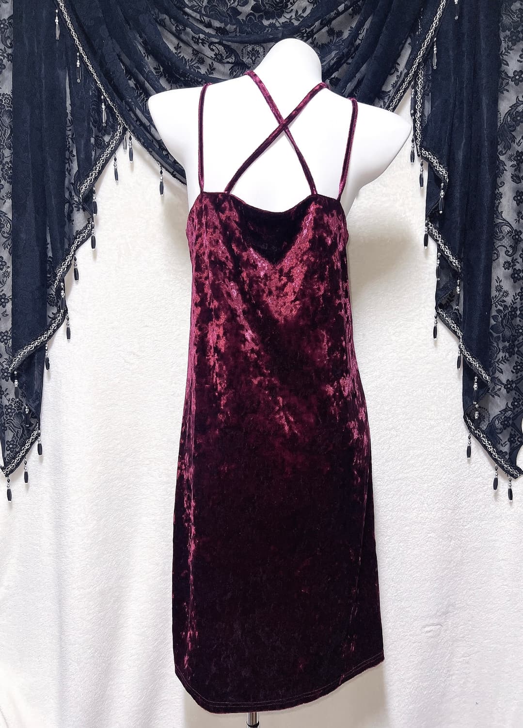 로맨틱고딕 고스펑크 벨벳 버건디 롱원피스 홀터넥 드레스 슬립 연말 섹시 상품이미지7