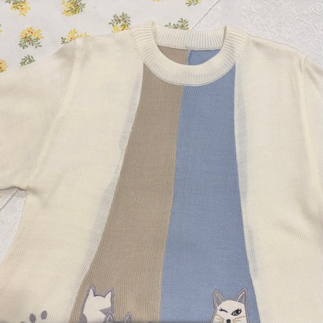 일본 빈티지 고양이 자수 패치 배색 니트 모리걸 상품이미지3