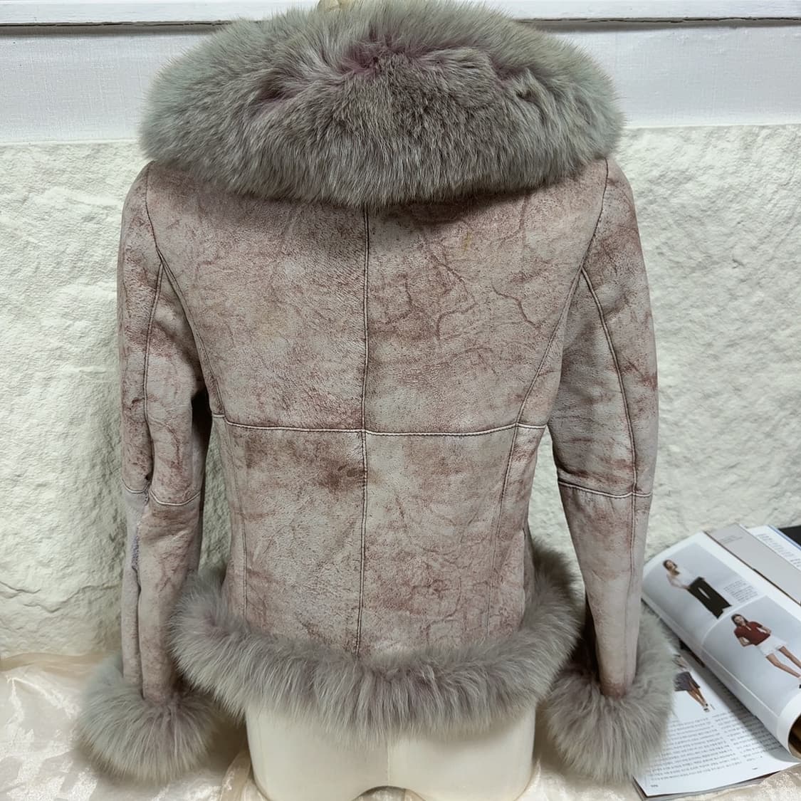 빈티지 연한 핑크 폭스퍼+안감토끼털 되지가죽자켓 무스탕 상품이미지4