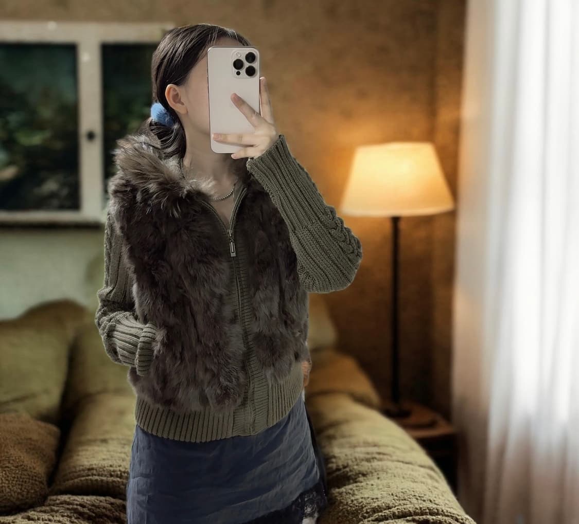 빈티지 올리브 그린 라쿤퍼후드 토끼털 꽈배기 니트자켓 후드집업 상품이미지5