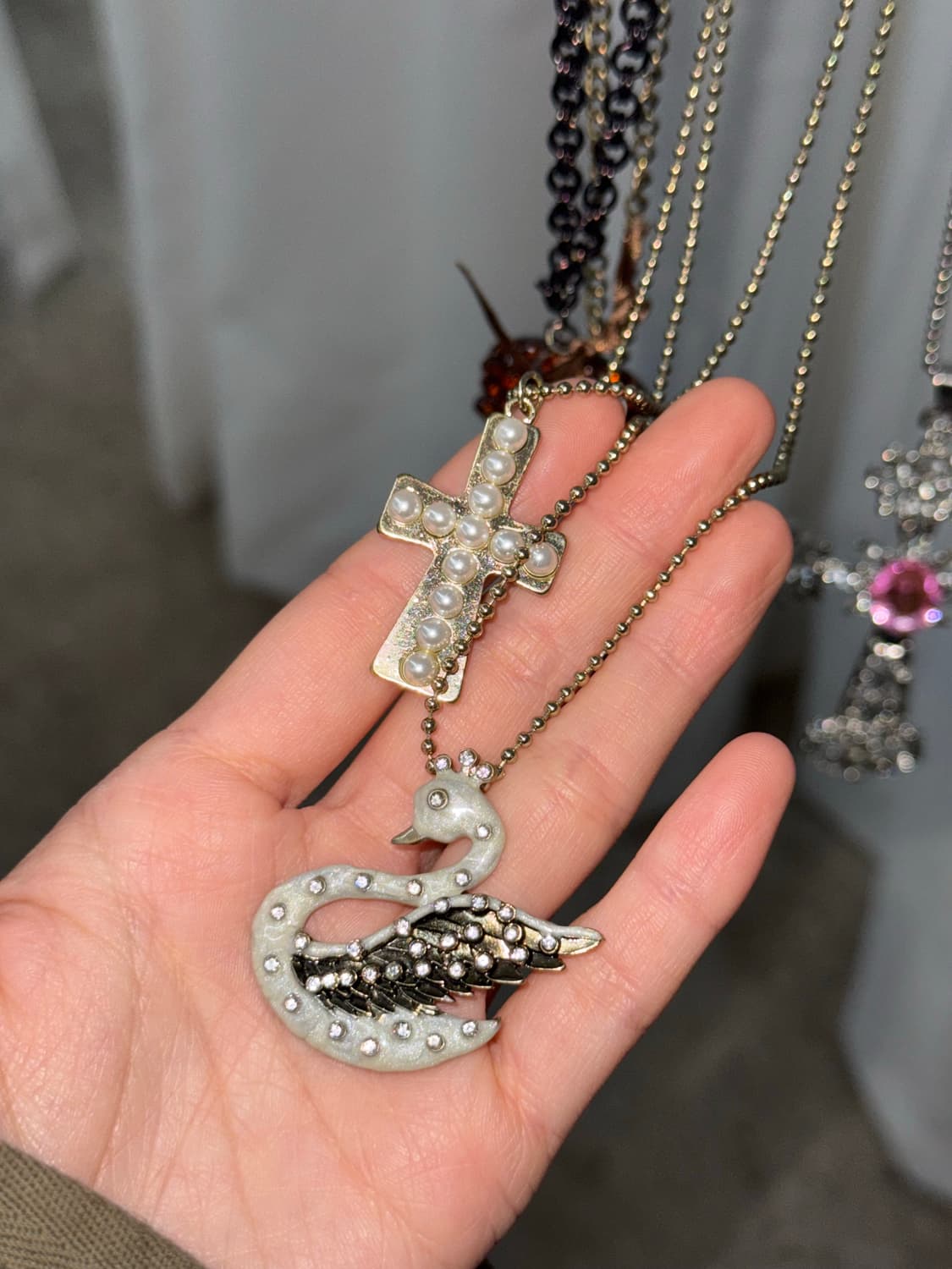 빈티지 레이어드 스완 십자가 네크리스 상품이미지5