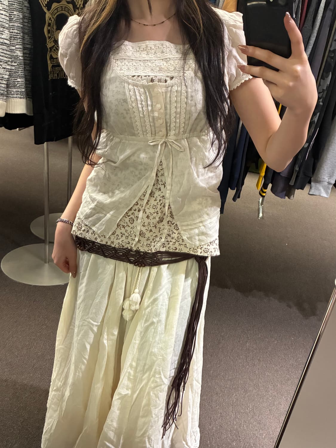 F)Lepsim 빈티지 여성 로프 스트링 롱스커트 상품이미지8