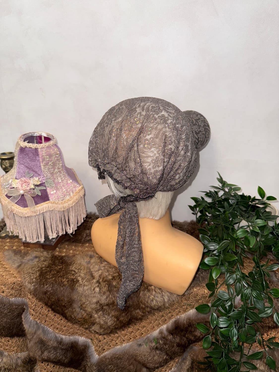 Gray glitter floral lace scarf ball cap 상품이미지3