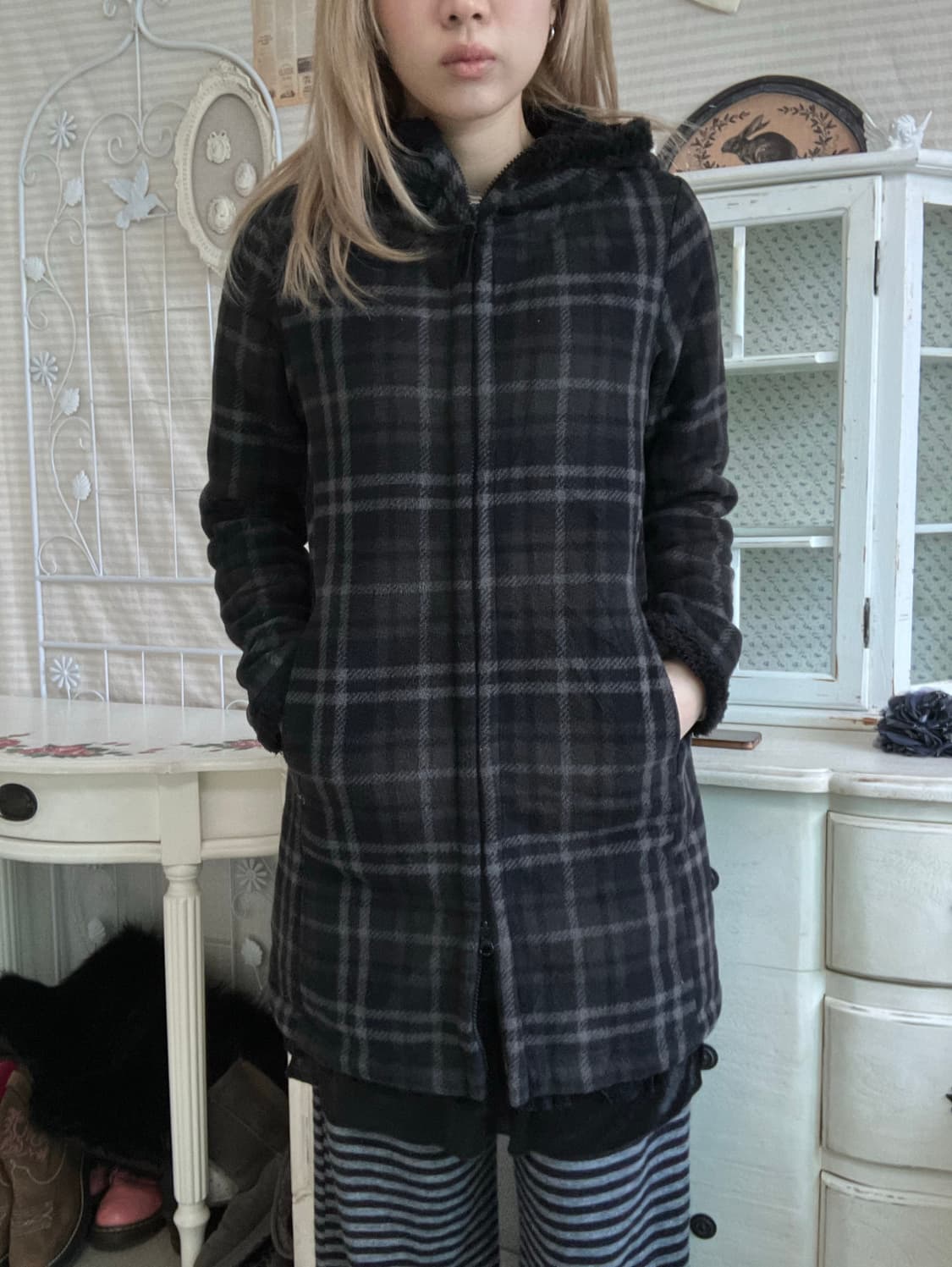 일본빈티지 카키 타탄 체크 후드 무스탕 집업 상품이미지3