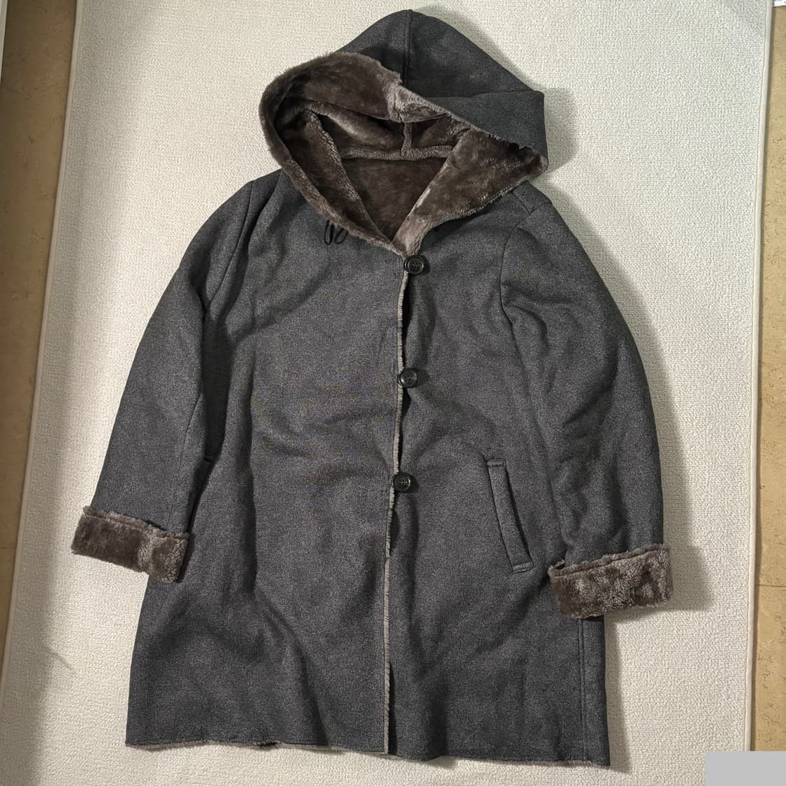 일본빈티지 모리걸 차콜 후드 퍼 코트 상품이미지1
