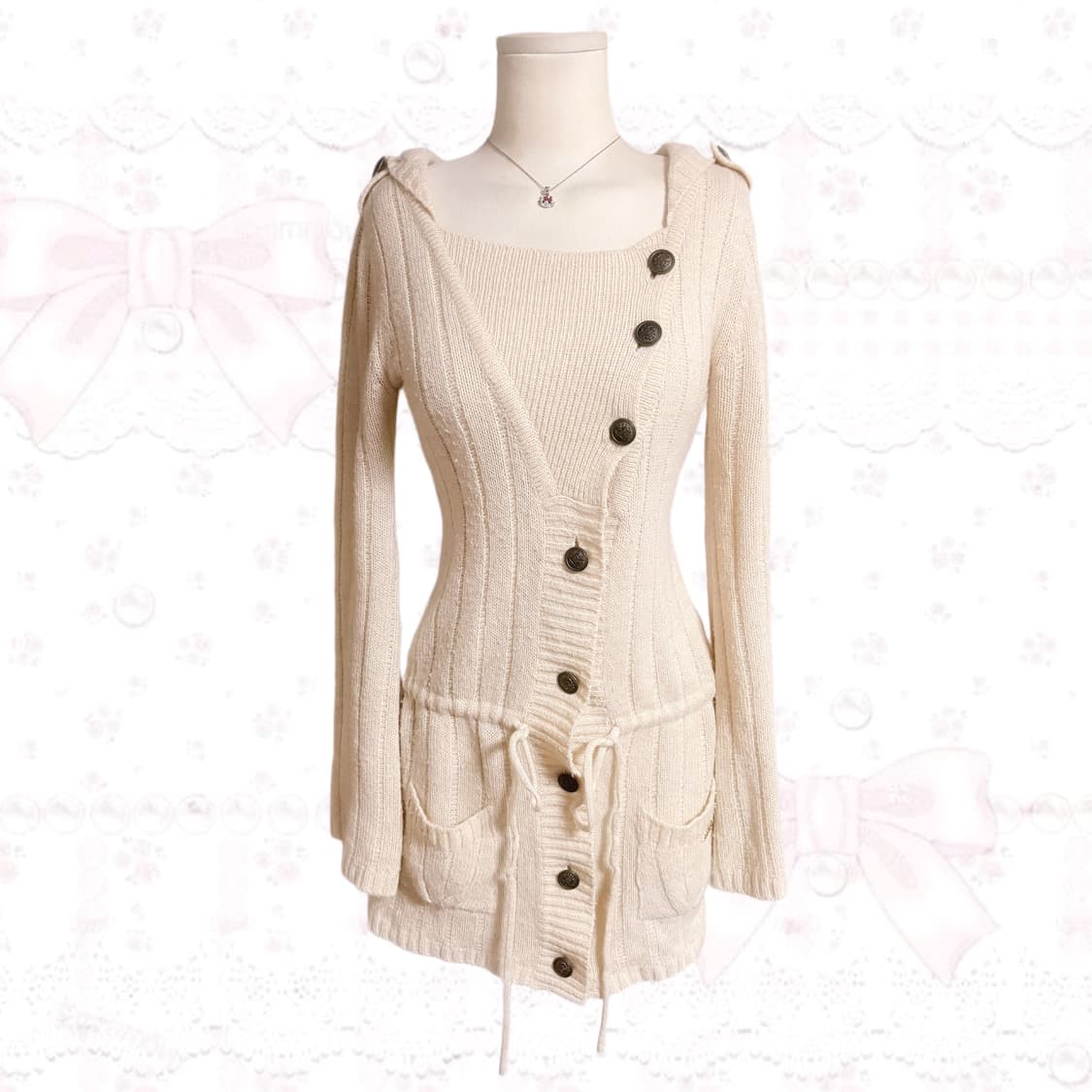 코르카롤리 오네갸루 후드 단추 언발 포인트 딱붙 대장 아이보리 원피스  상품이미지1