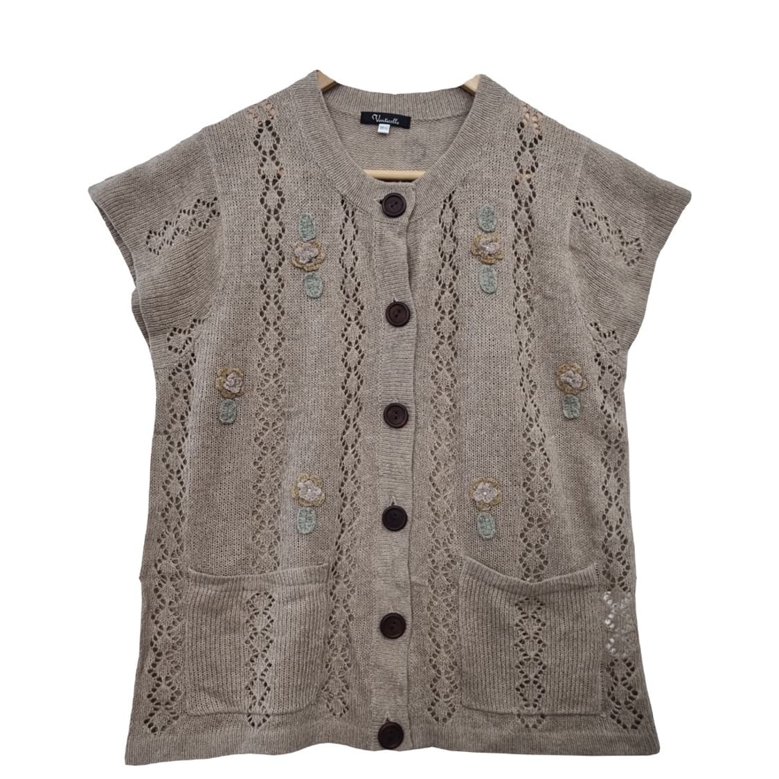 VENTICELLO 베이지 레트로 펀칭 민소매 가디건  상품이미지1