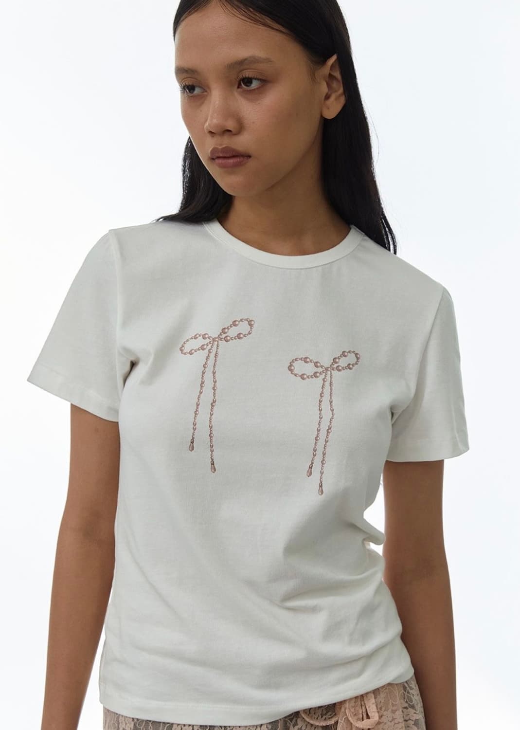 밀로 우먼 펄 리본 티셔츠 화이트 상품이미지1