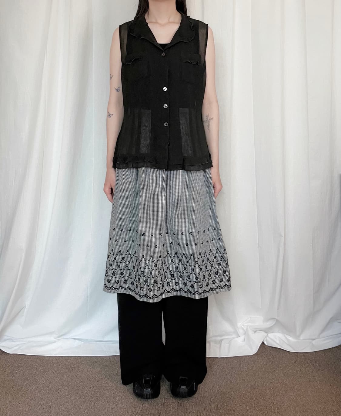 Gingham Midi Skirt - Black 상품이미지2