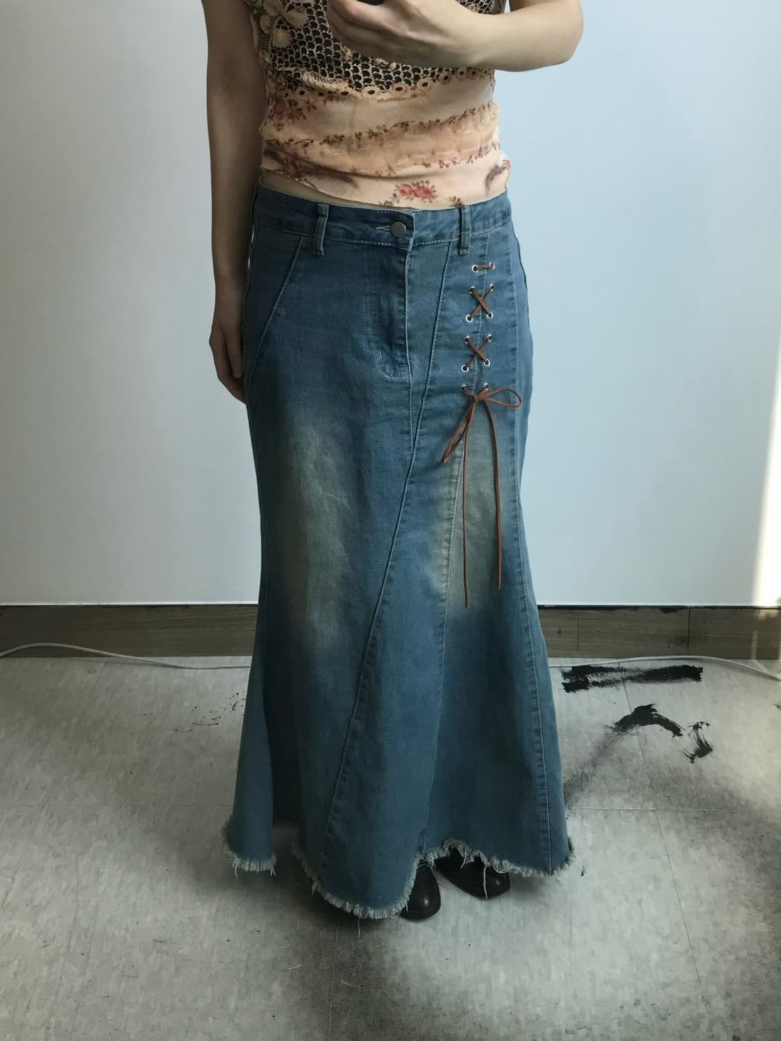 빈티지 레이스업 데님 맥시 스커트 상품이미지2