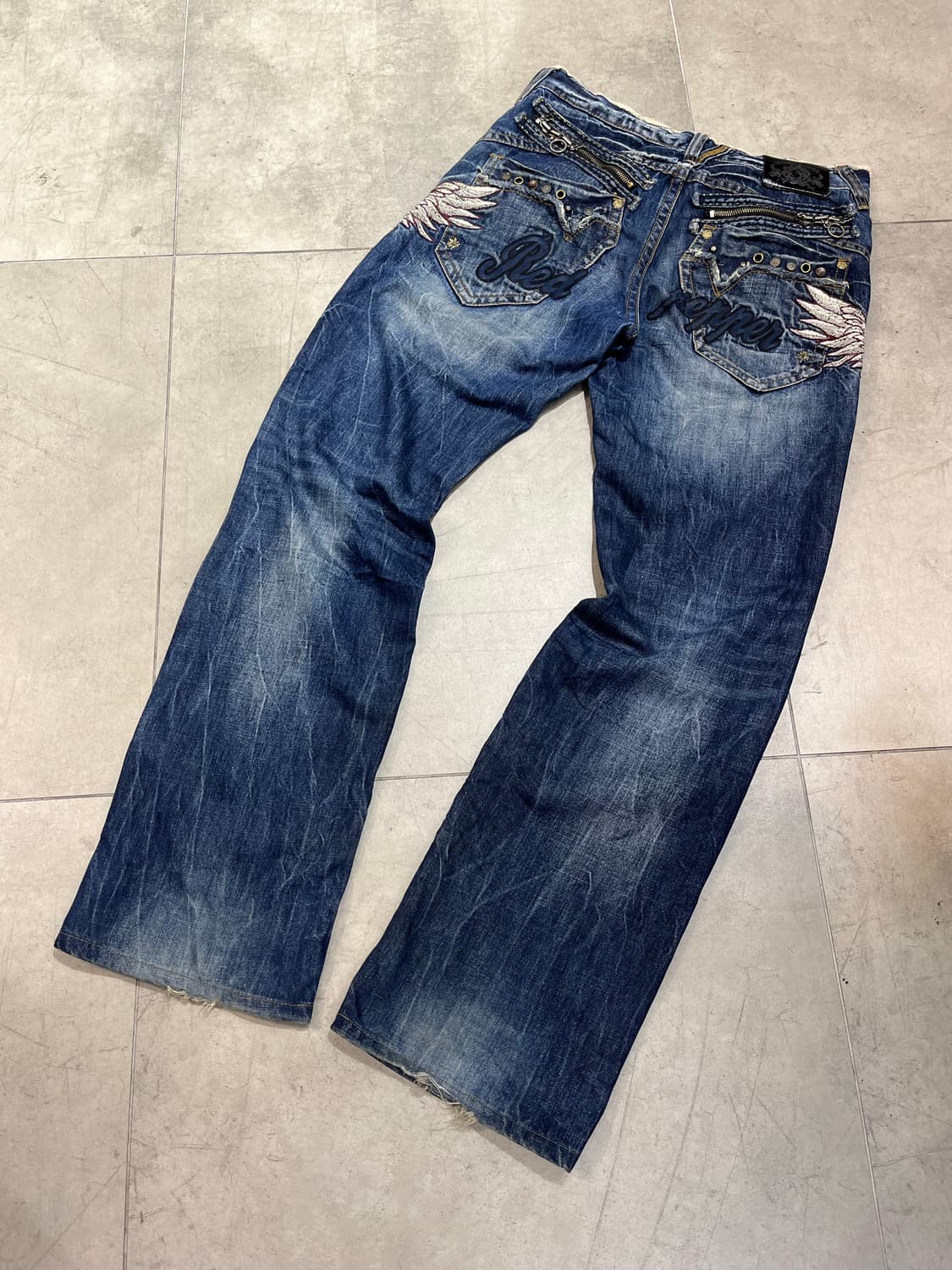 RED PEPPER 락펑크 그런지 워싱 날개 와이드 데님 팬츠 상품이미지1