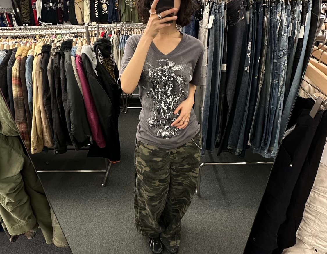 M)Hy Brid 빈티지 바이킹 워리어 스컬 프린팅 브이넥 반팔 상품이미지1