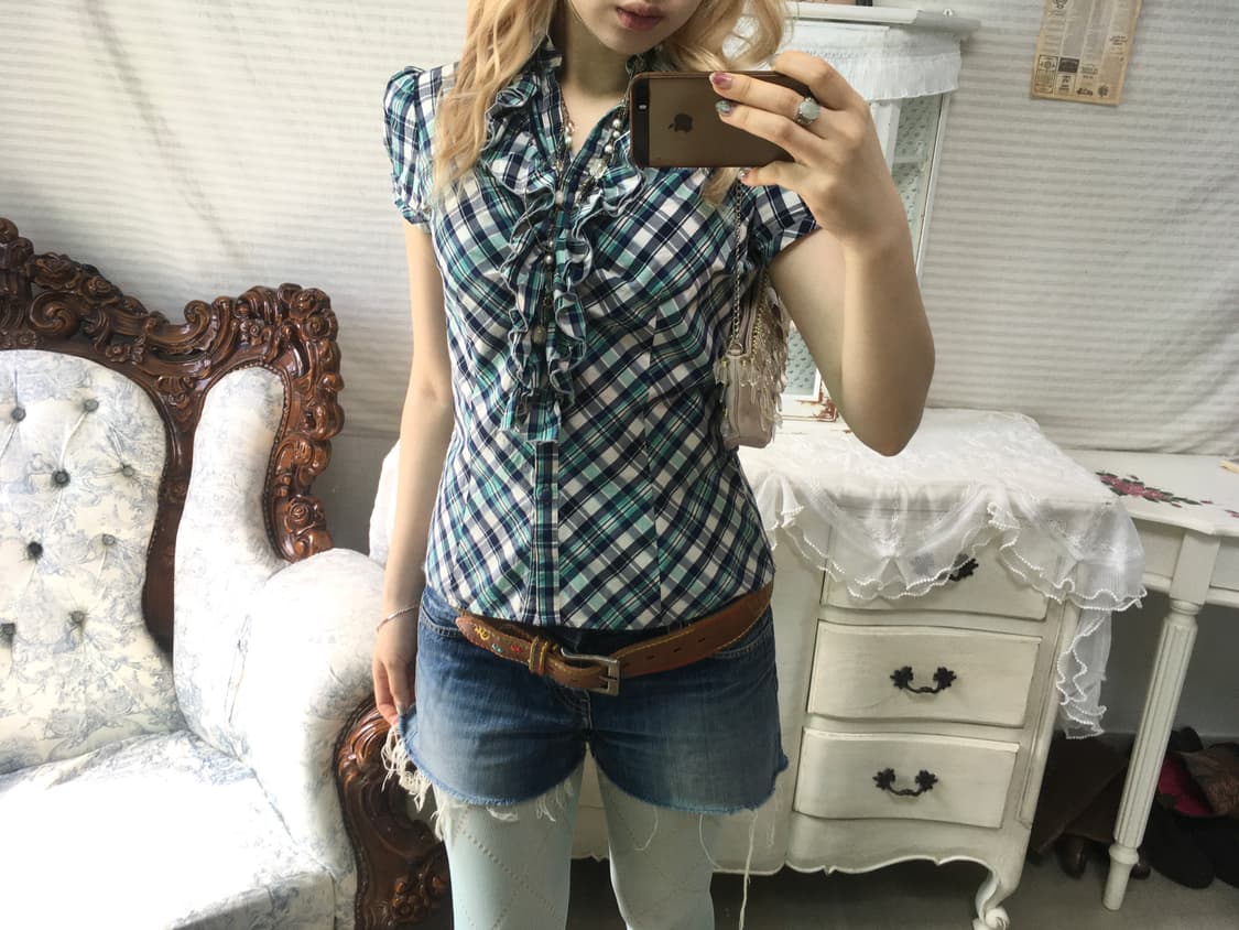 일본빈티지 핀터 민트 체크 러플 퍼프 블라우스 상품이미지4