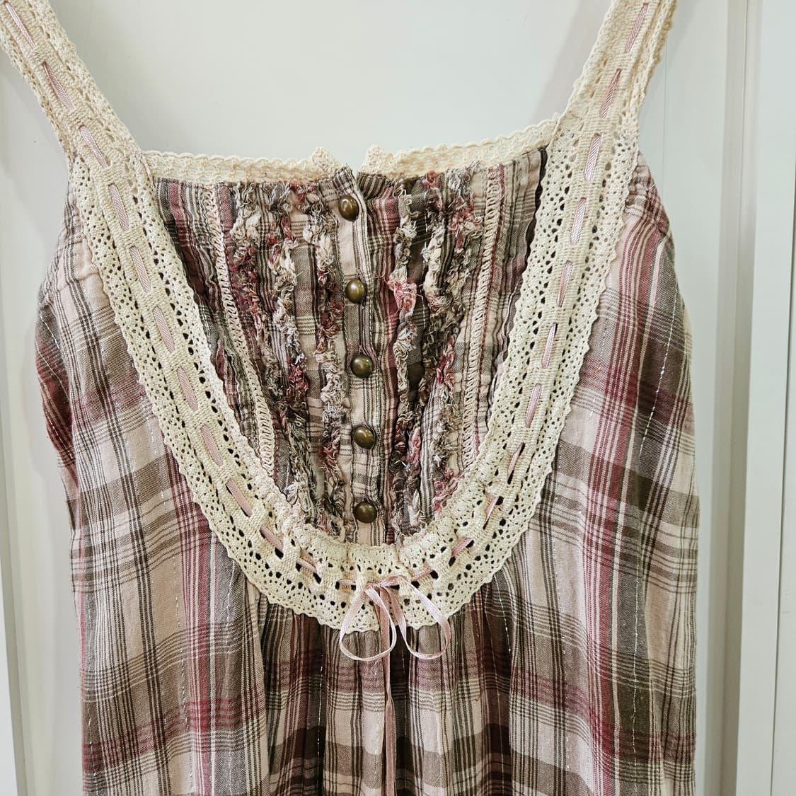 엑시즈팜 체크 레이스 슬리브리스 롱원피스 상품이미지2