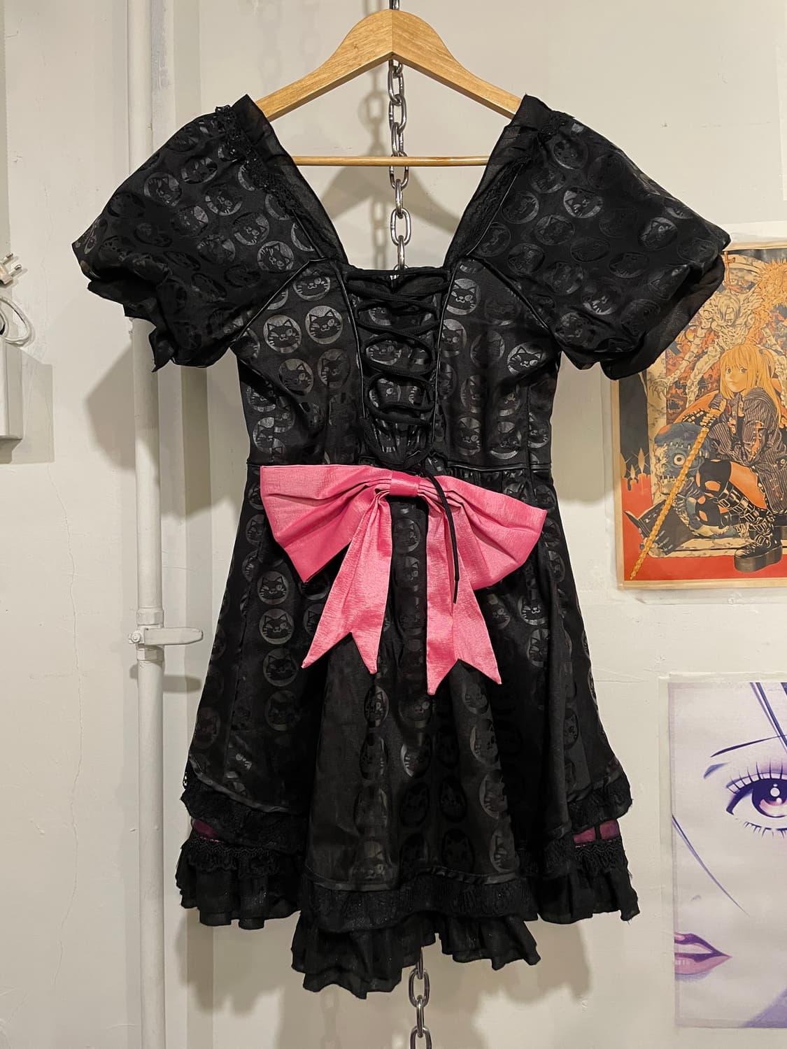 고양이 패턴 아일렛 리본 레이스 레이어드 블랙 원피스 고스 로리 펑크 상품이미지9