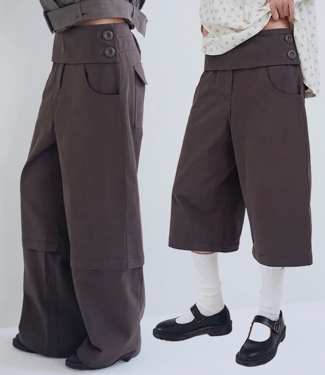 Belted Panel Convertible Pants, Brown 상품이미지1