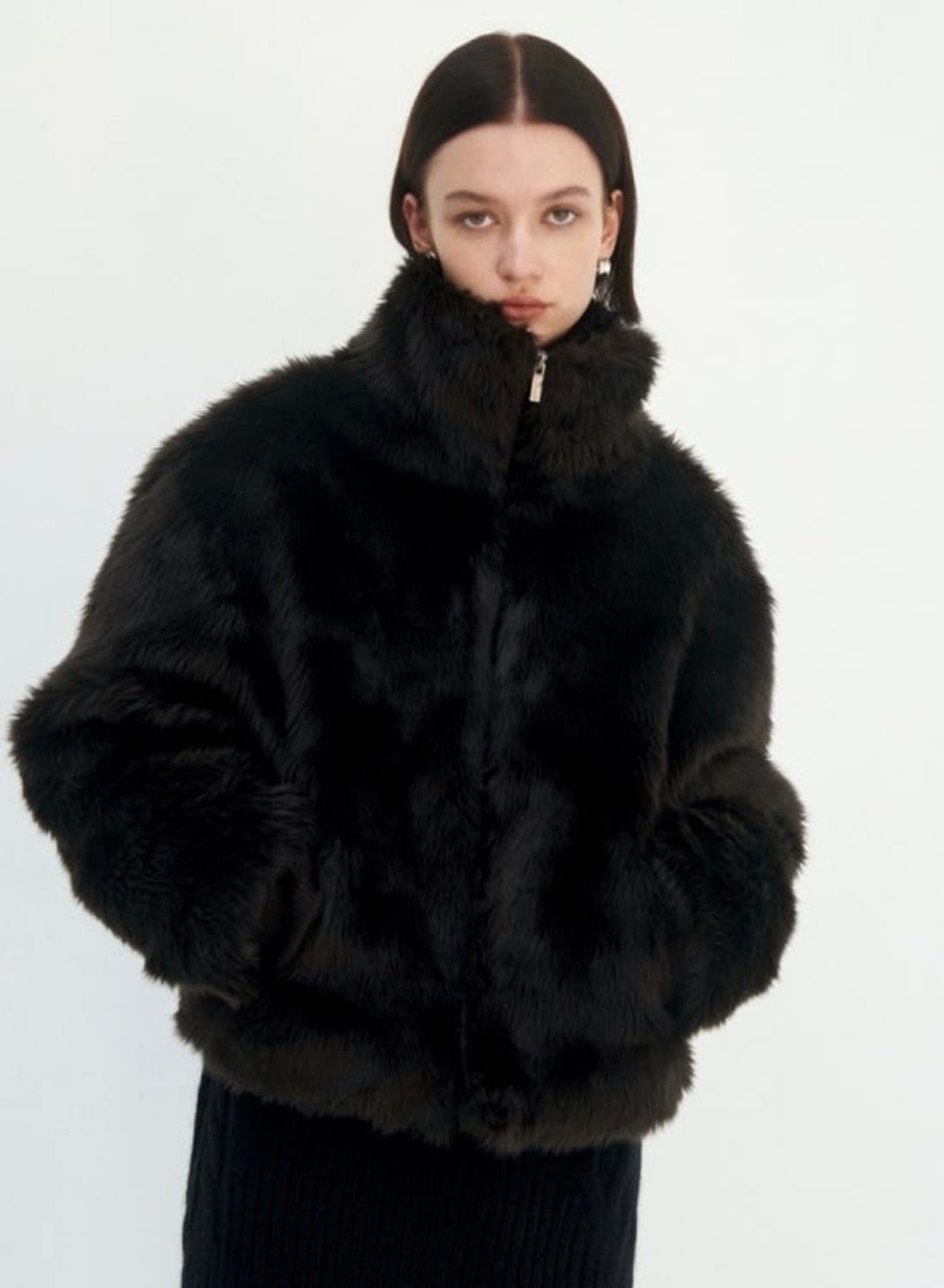 [트리밍버드]하이넥 퍼 자켓 블랙 상품이미지1