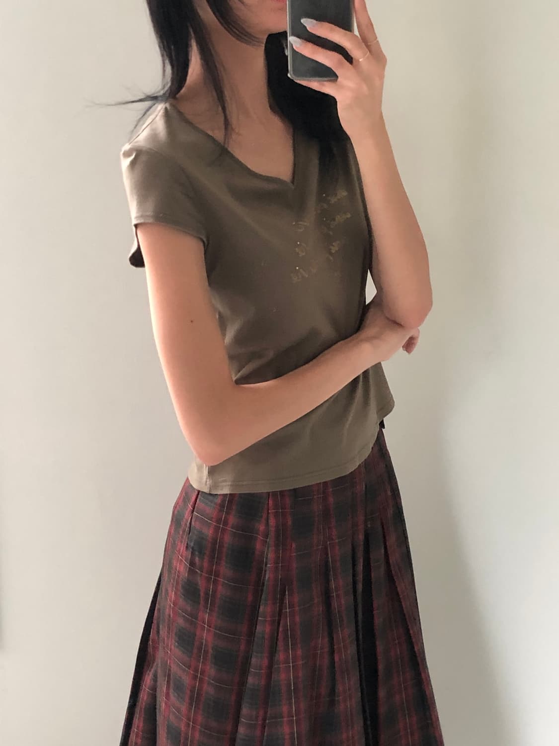 일본빈티지 카키 브이넥 숏반팔 상품이미지2