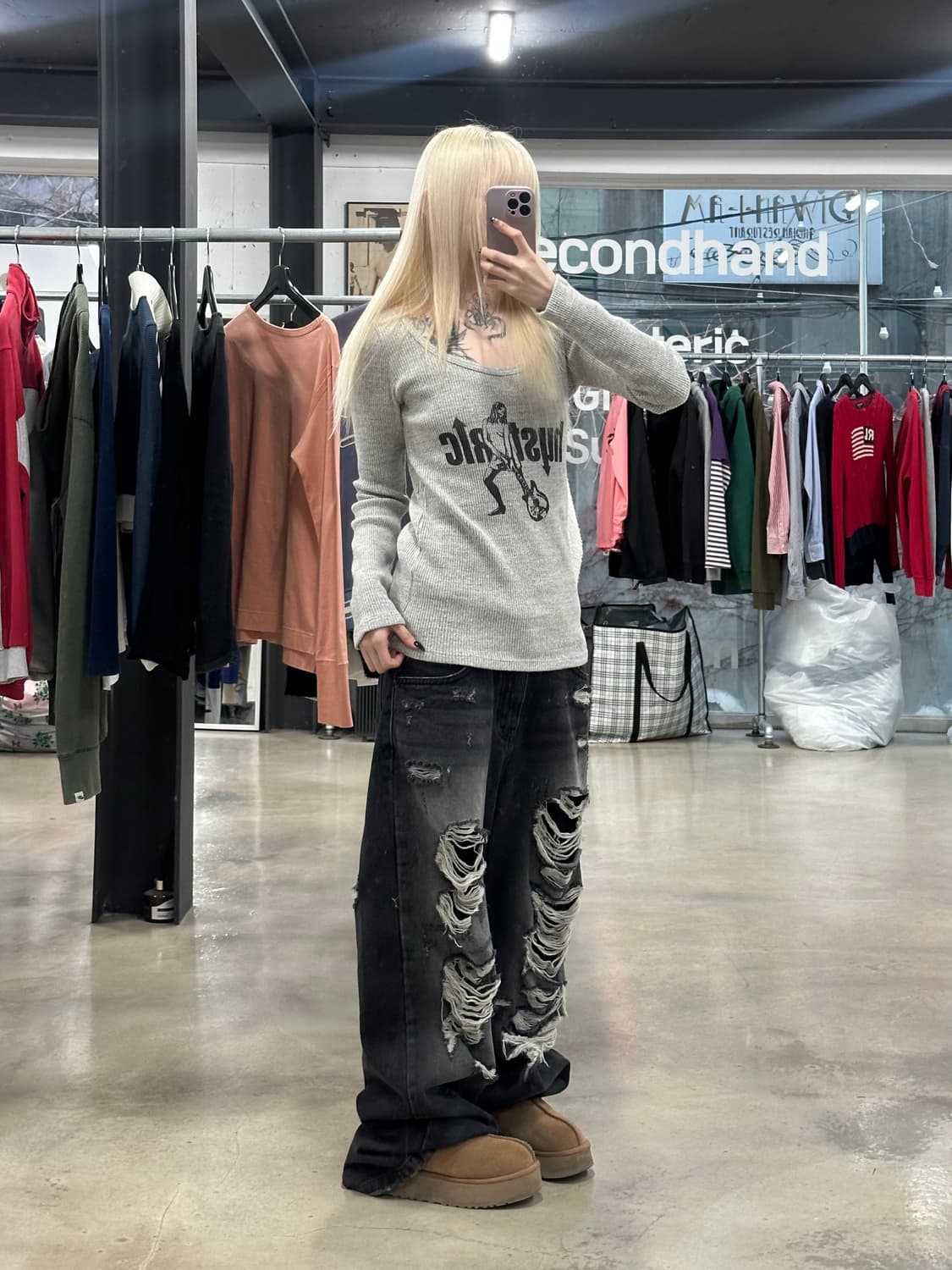 히스테릭글래머 히스기타걸 프린팅 U넥 긴팔 슬리브 그레이 상품이미지3