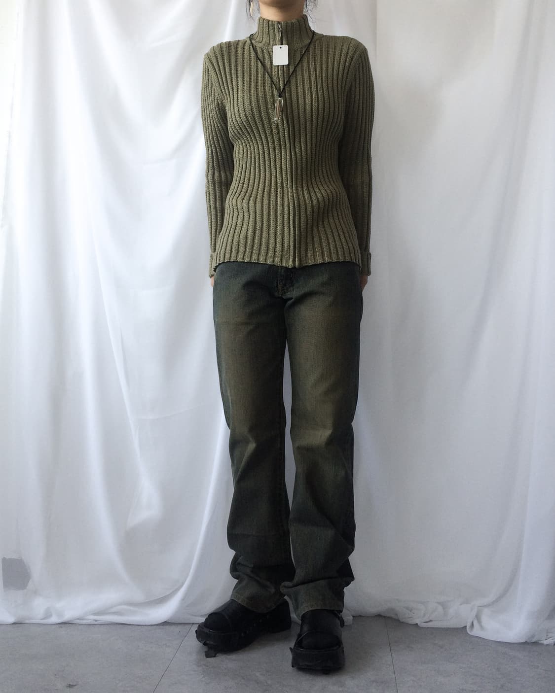 High neck ribbed knit zip up 상품이미지5