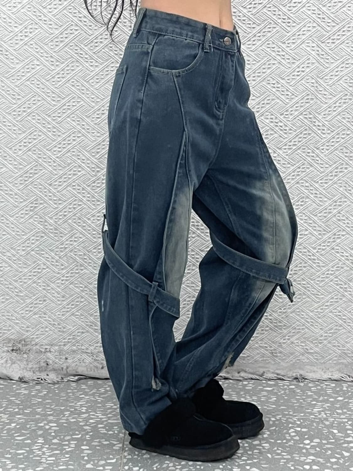 빈티지 스트릿 힙합 스트랩 워싱 데님 청바지 L C09406 상품이미지1
