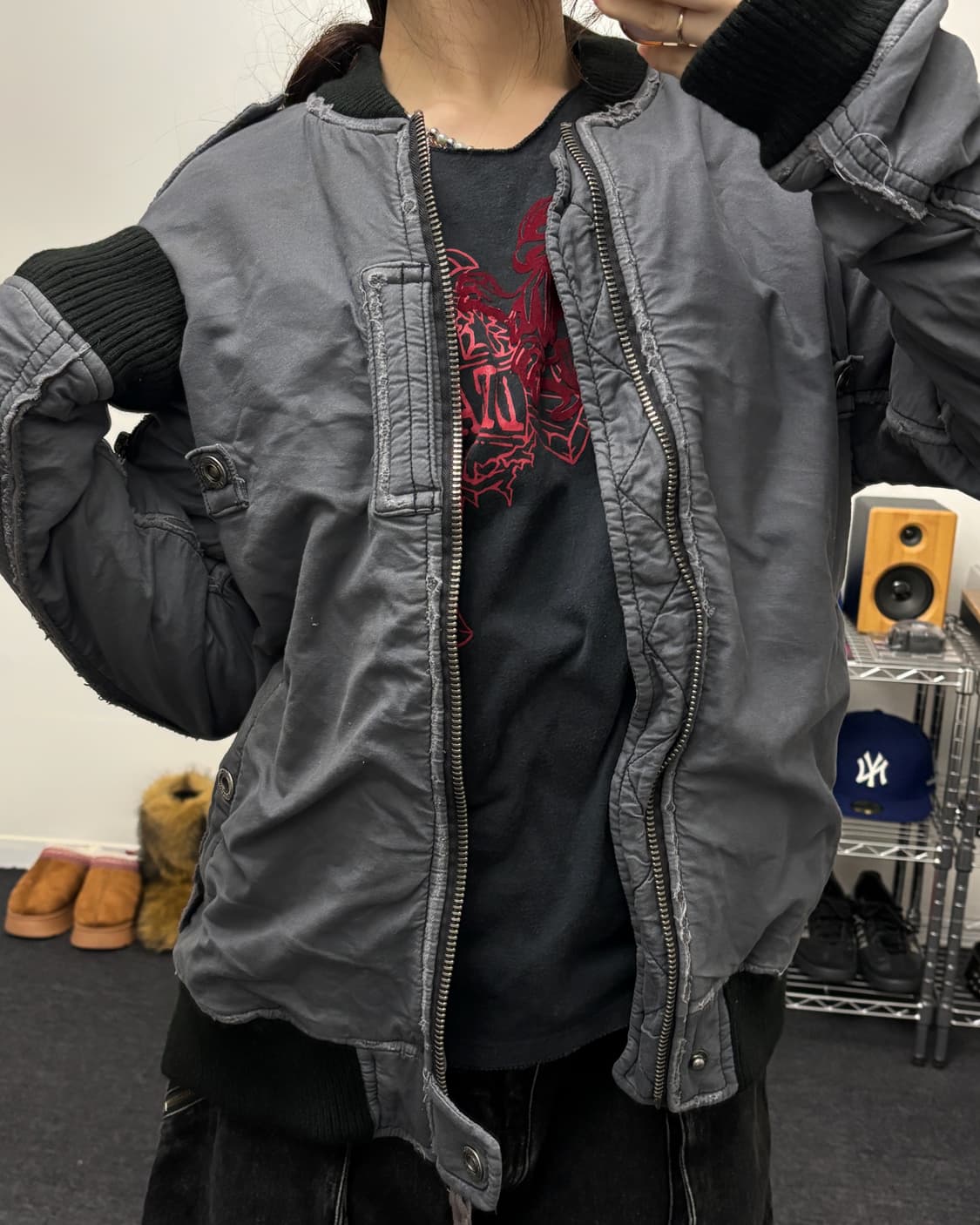 올드 빈티지 코튼 블루종 자켓 그레이 상품이미지3