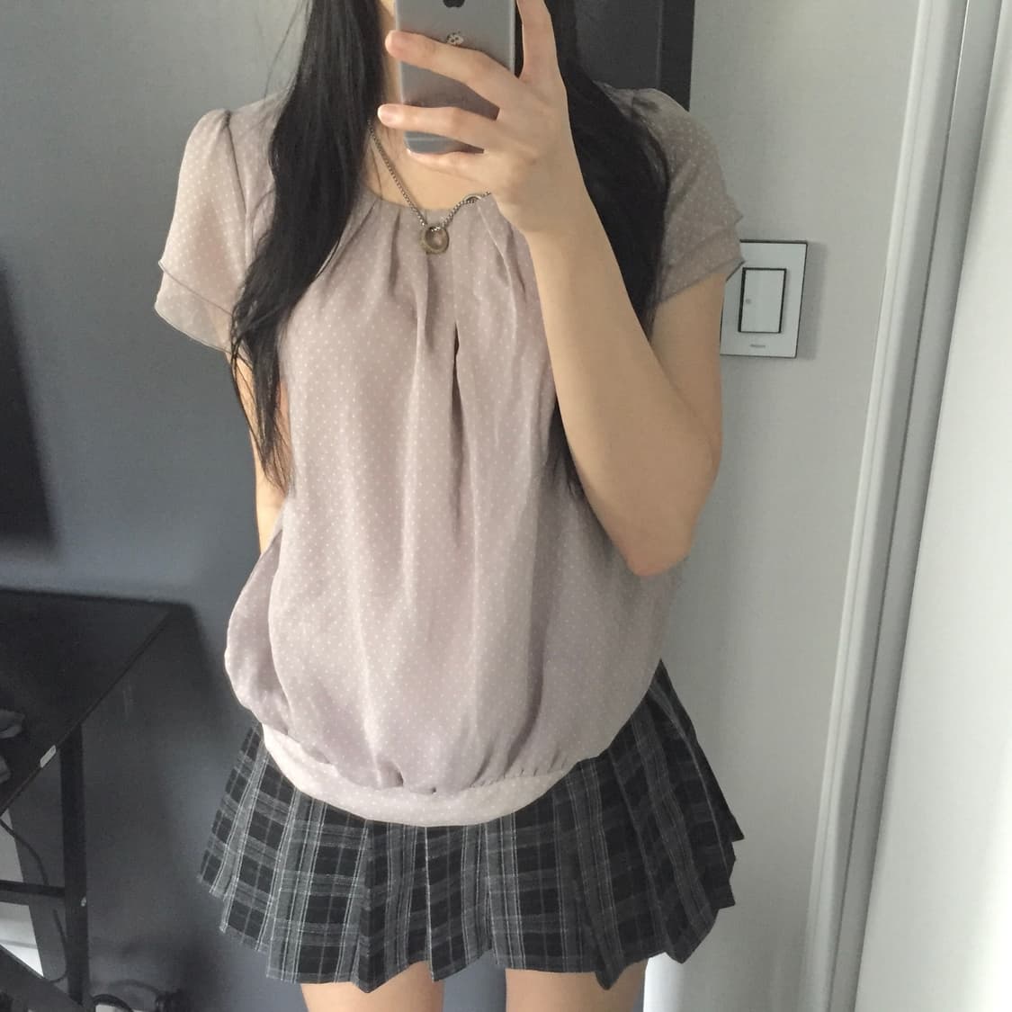 JPN 모리걸 하구미 쉬폰 도트 벌룬 라운드 연보라 반팔 블라우스 상품이미지1