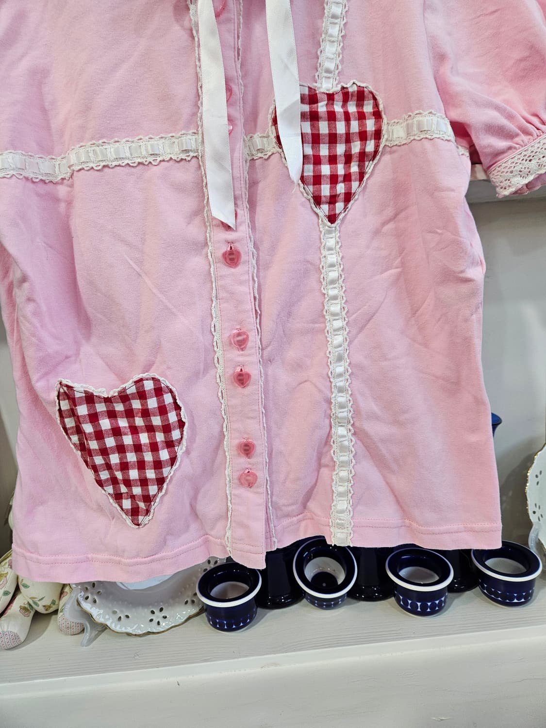 (BODY LINE) 토끼후드 하트 체크 반팔 후드탑 상품이미지3